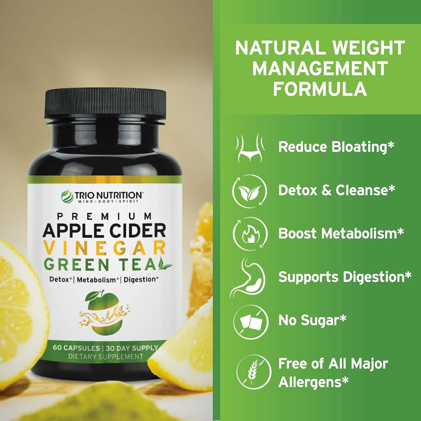 Apple Cider Vinegar Capsules with Green Tea - Natural Sugar Free Pills for Body Cleanse, Immune Support, Weight Management & Metabolism*