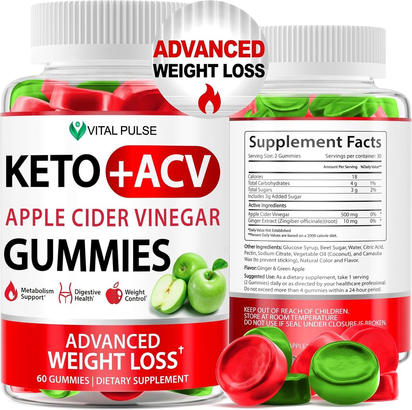 Apple Cider Vinegar Gummies for Weight Loss - Advanced ACV Keto Supplement for Men and Women - Detox and Apple Flavor - Vital Pulse Keto Gummies