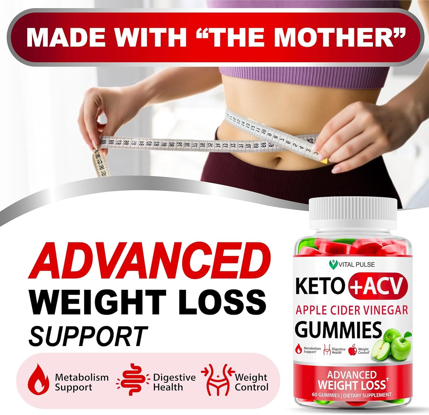 Apple Cider Vinegar Gummies for Weight Loss - Advanced ACV Keto Supplement for Men and Women - Detox and Apple Flavor - Vital Pulse Keto Gummies