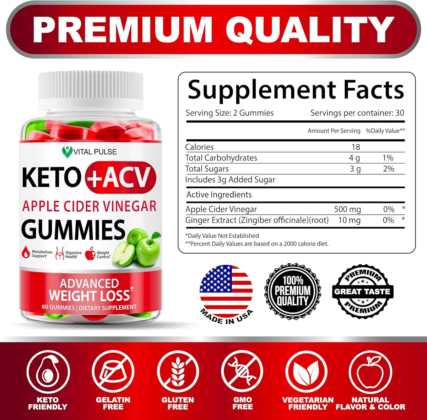 Apple Cider Vinegar Gummies for Weight Loss - Advanced ACV Keto Supplement for Men and Women - Detox and Apple Flavor - Vital Pulse Keto Gummies