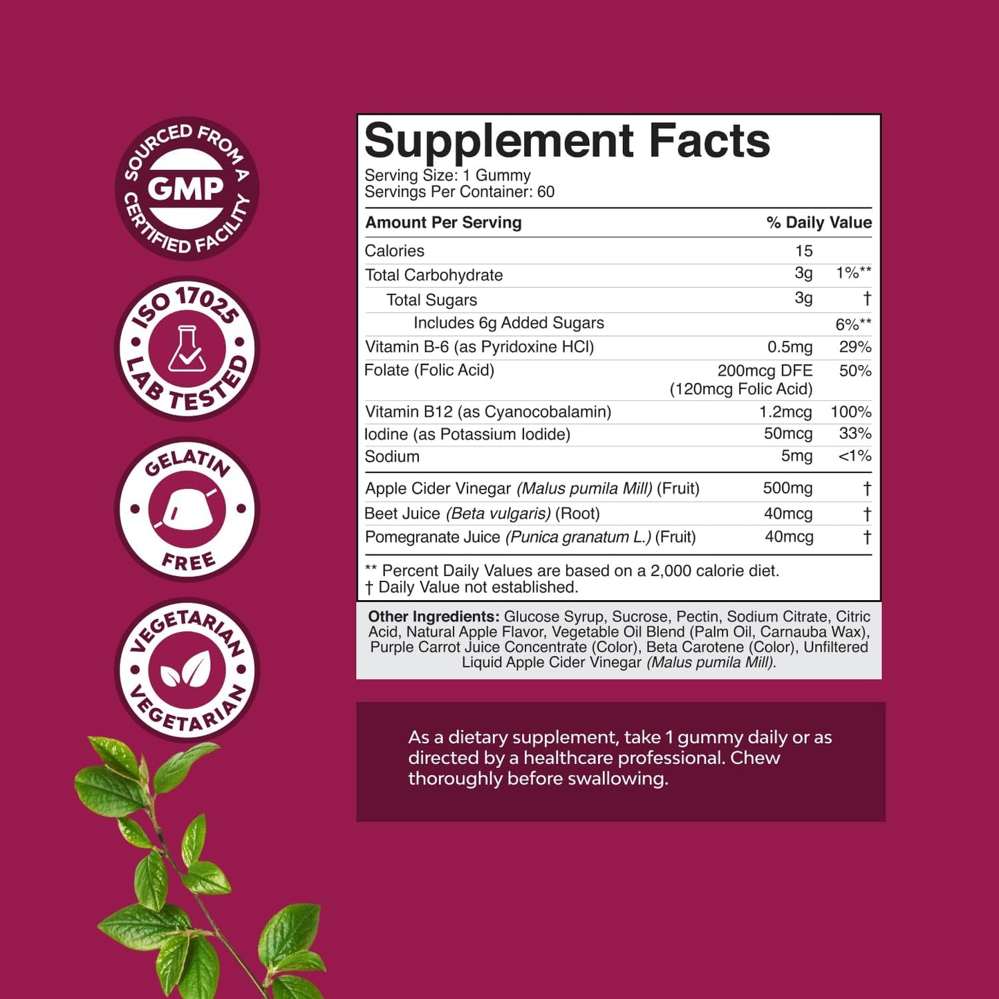 Apple Cider Vinegar Gummies for Weight Loss and Gut Health - 60 Count with B12, B6, and Pomegranate for Metabolism Boost