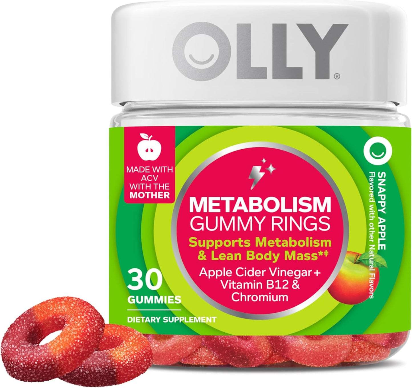 Apple Cider Vinegar Gummy Rings with Vitamin B12 and Chromium for Energy and Digestive Health - 30 Chewable Supplements