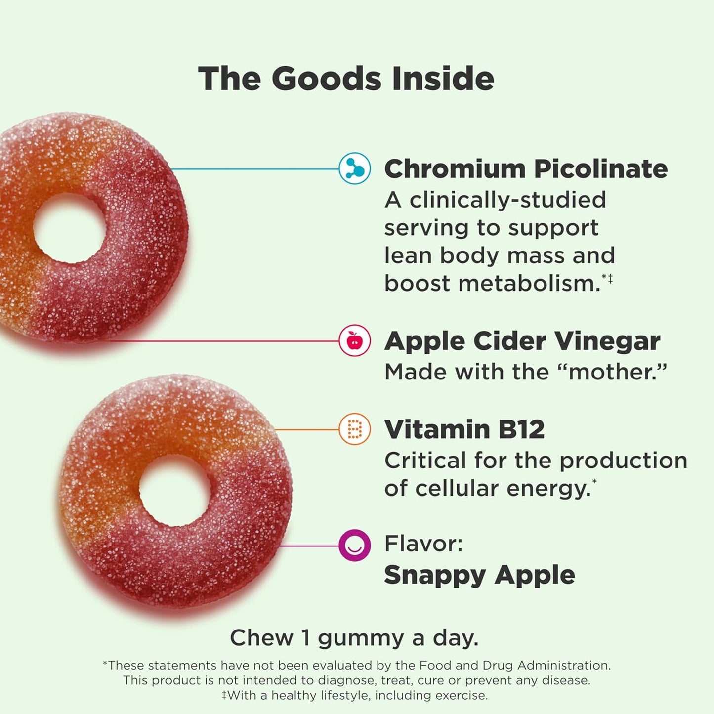 Apple Cider Vinegar Gummy Rings with Vitamin B12 and Chromium for Energy and Digestive Health - 30 Chewable Supplements