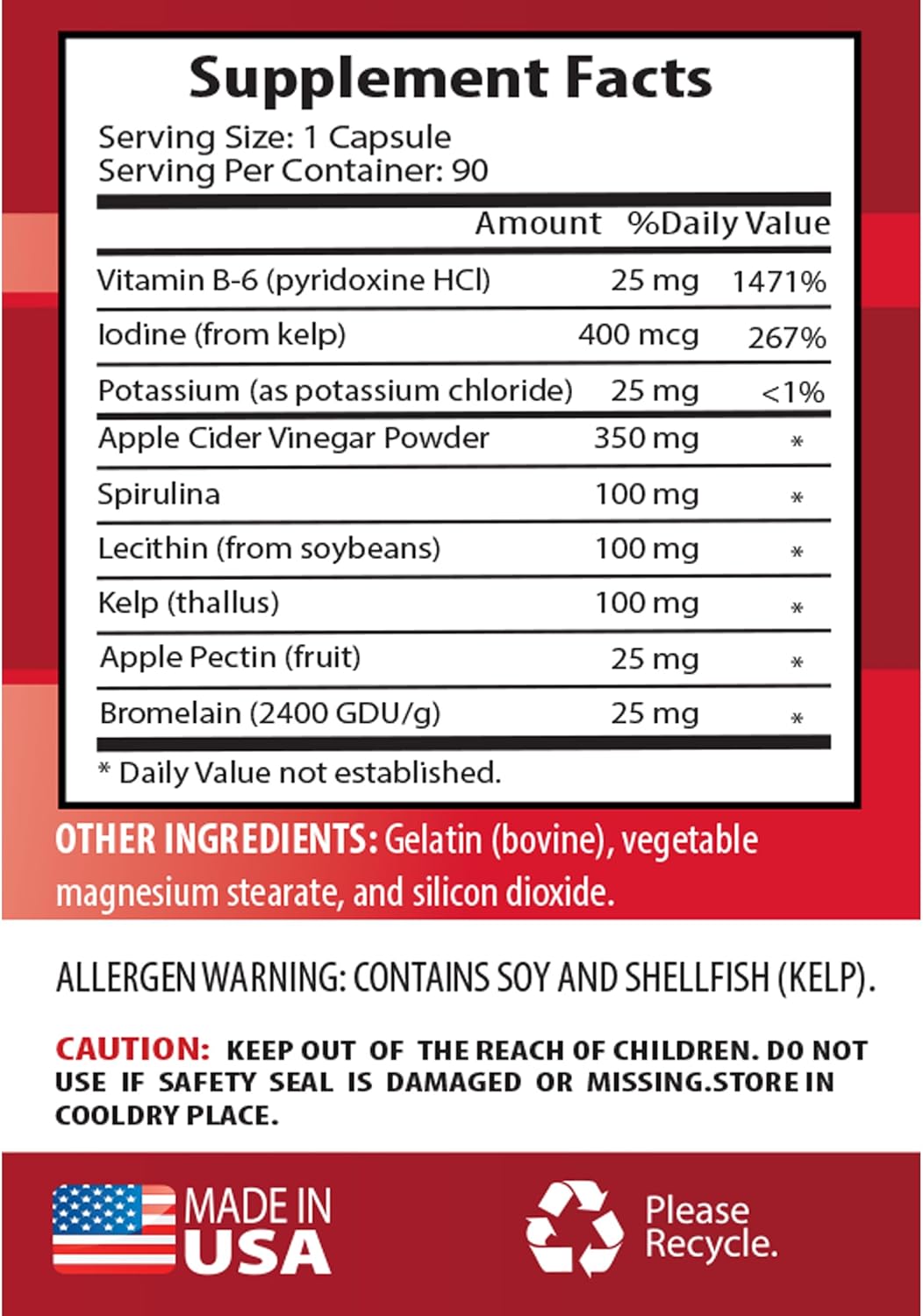 Apple Cider Vinegar Hair Products with Kelp, Spirulina, and Lecithin - Digestion Support Supplement - 90 Capsules
