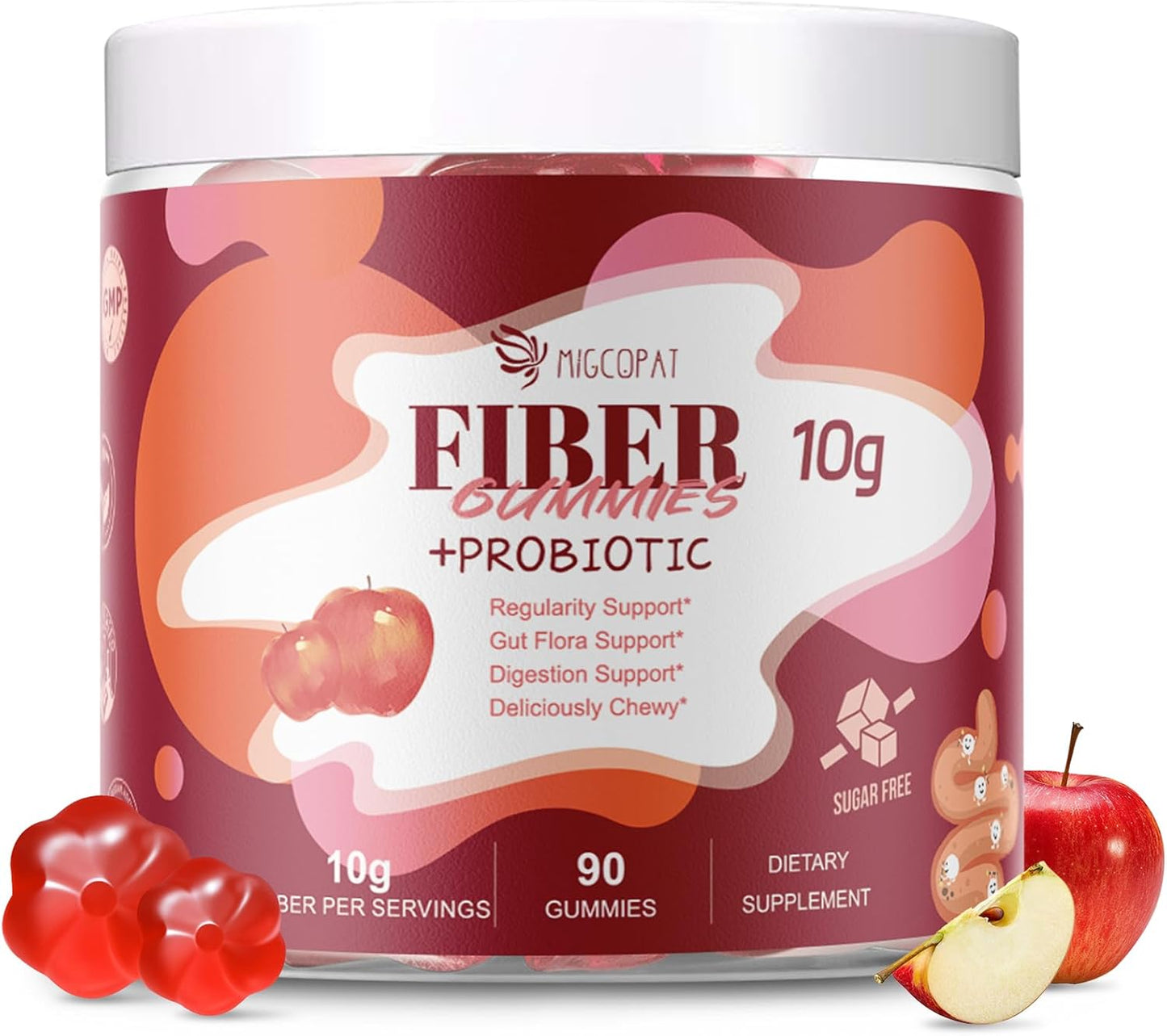 Apple Flavor Fiber Gummies with Probiotics, 10G Fiber, 10 Billion CFU, Apple Cider Vinegar, Vitamin C, Bloating Support - 90 Count