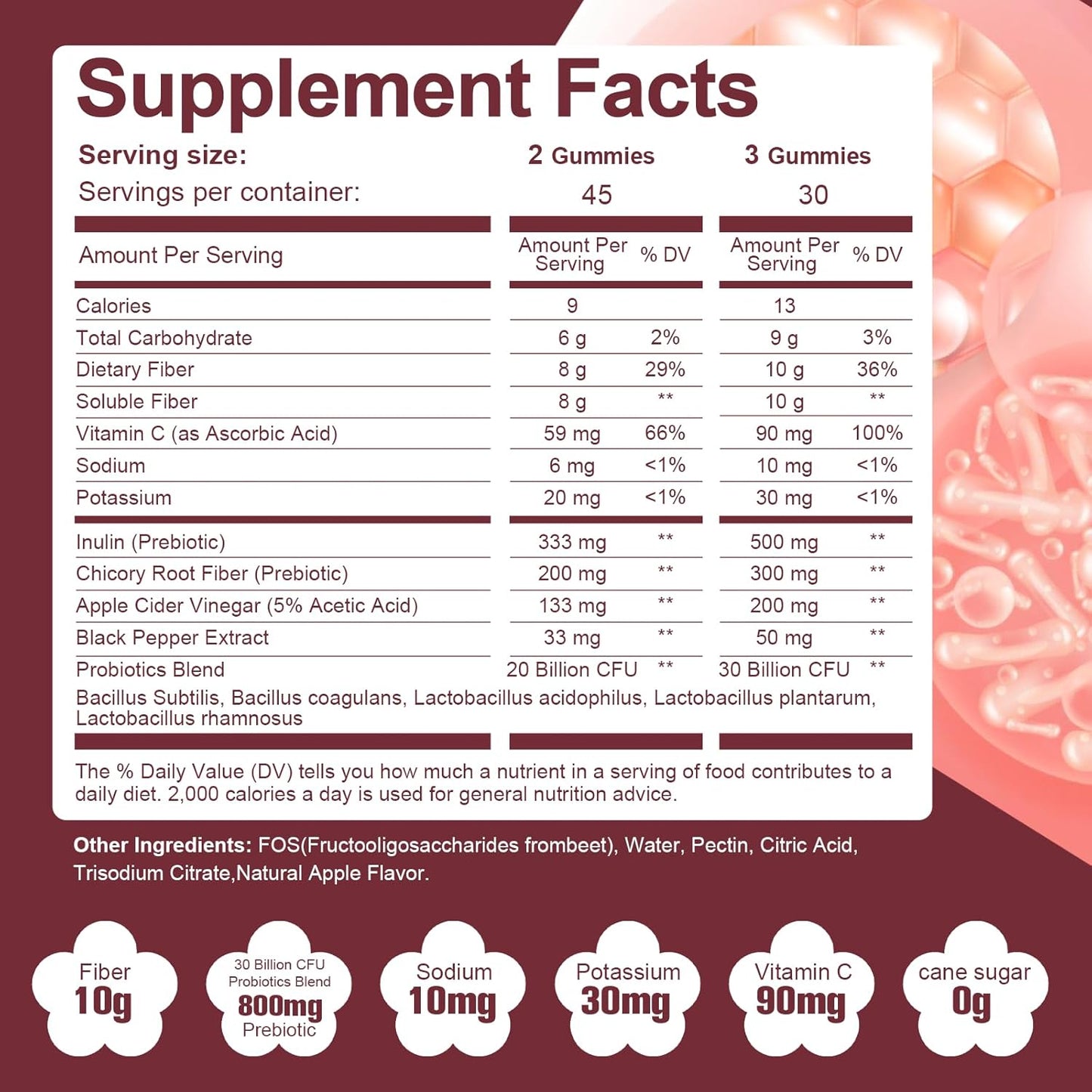 Apple Flavor Fiber Gummies with Probiotics, 10G Fiber, 10 Billion CFU, Apple Cider Vinegar, Vitamin C, Bloating Support - 90 Count