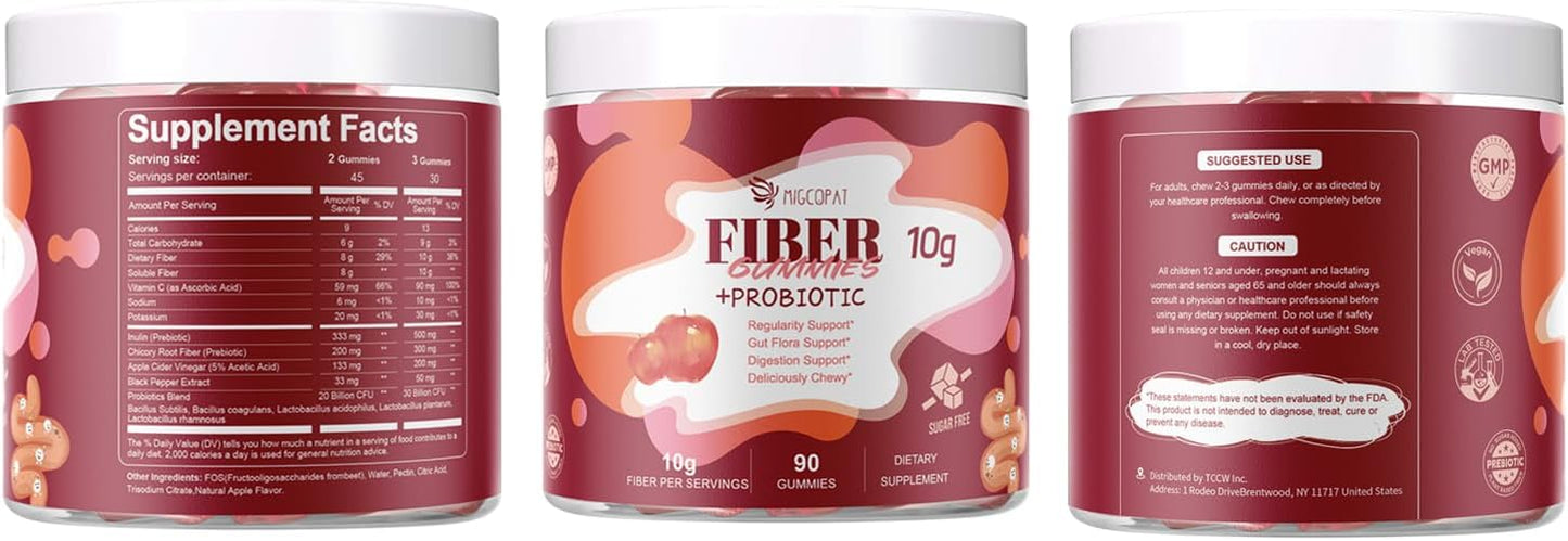 Apple Flavor Fiber Gummies with Probiotics, 10G Fiber, 10 Billion CFU, Apple Cider Vinegar, Vitamin C, Bloating Support - 90 Count