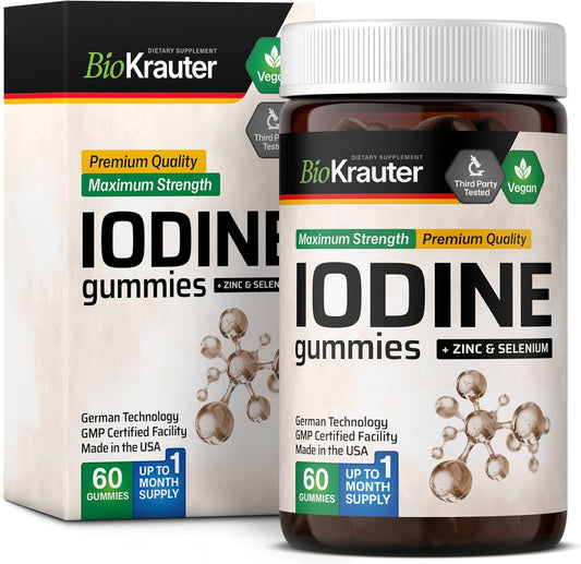 Apple Flavored BIO KRAUTER Iodine Gummies - 60 Vegan Chews with Potassium Iodide, Selenium, and Zinc - 250 mcg Iodine Supplement