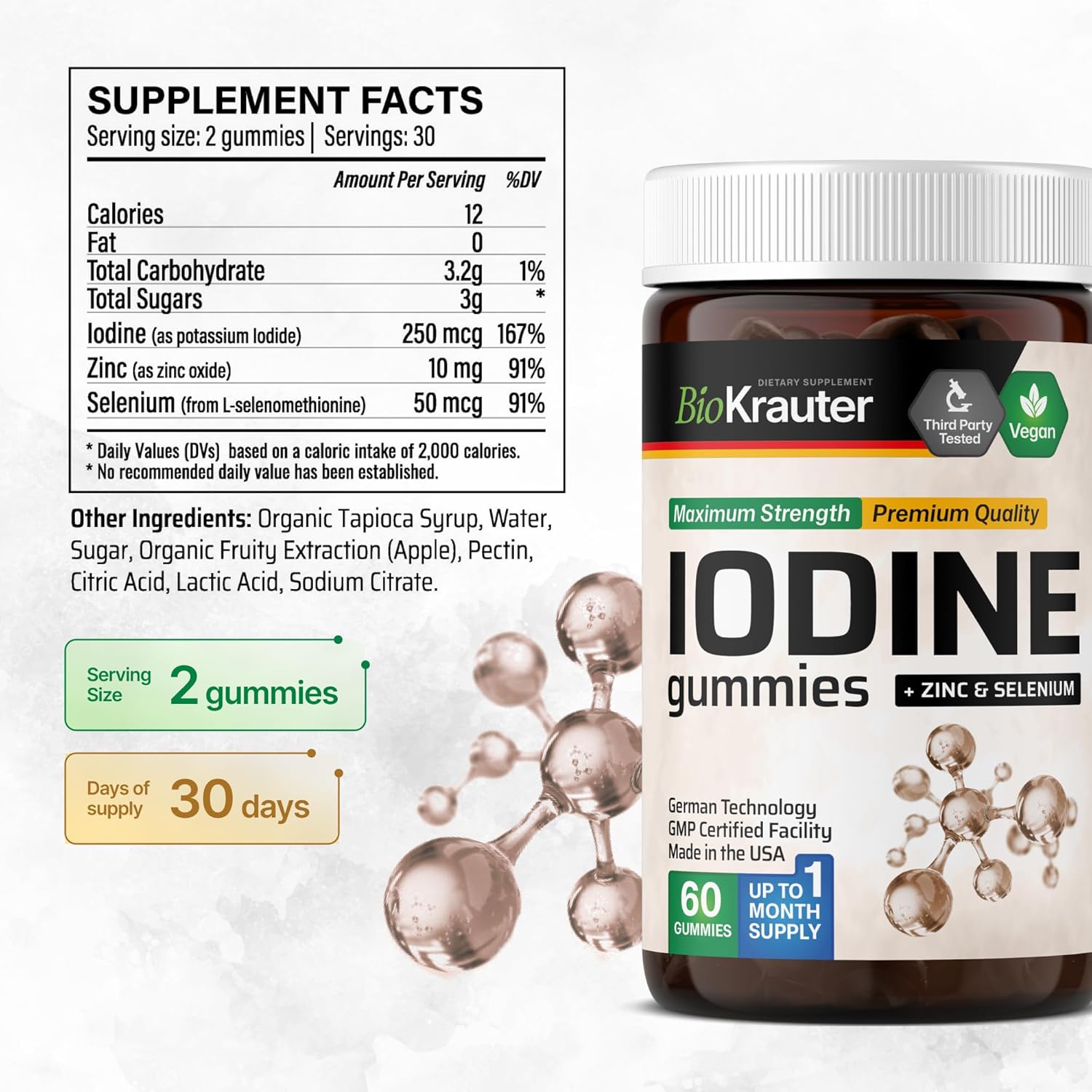 Apple Flavored BIO KRAUTER Iodine Gummies - 60 Vegan Chews with Potassium Iodide, Selenium, and Zinc - 250 mcg Iodine Supplement