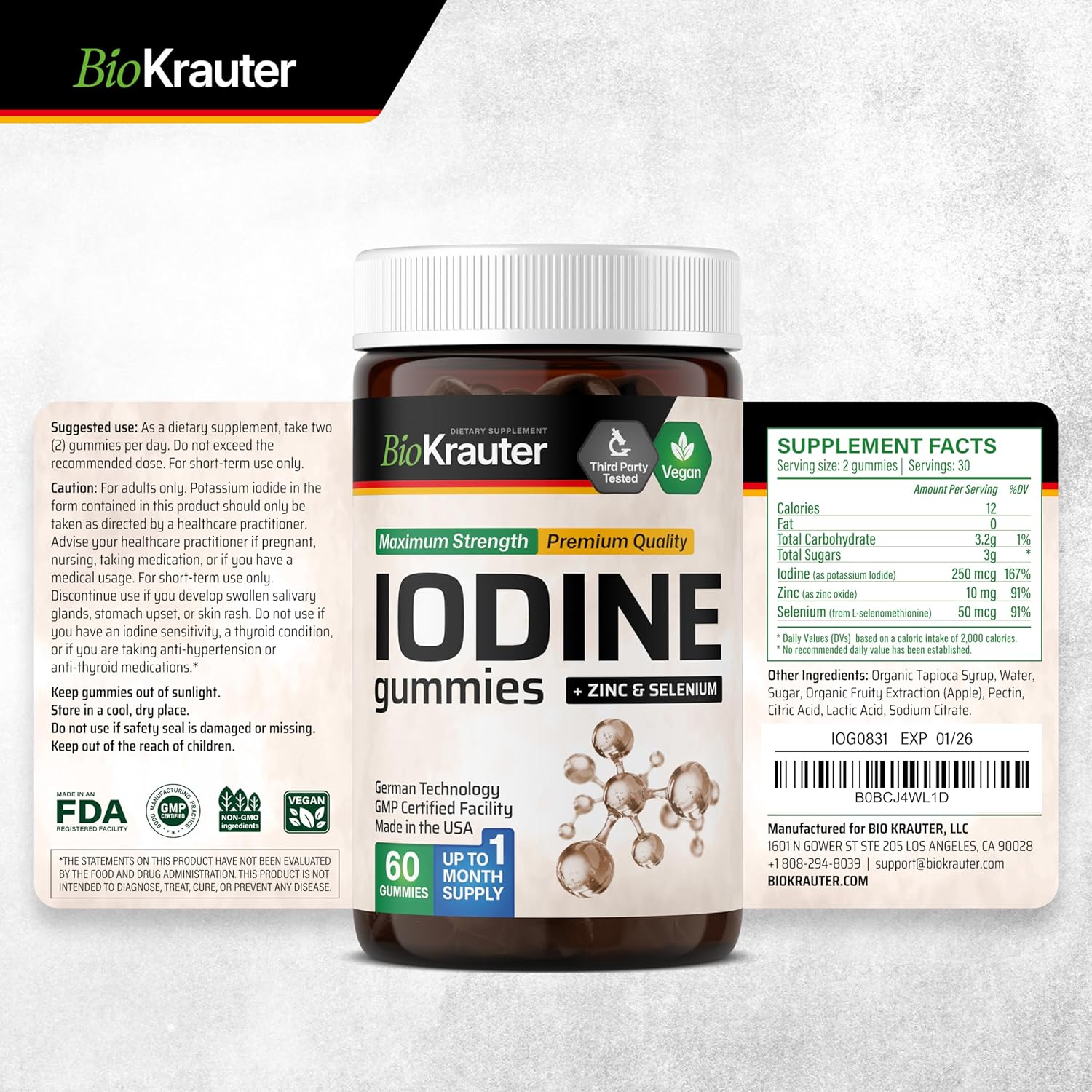 Apple Flavored BIO KRAUTER Iodine Gummies - 60 Vegan Chews with Potassium Iodide, Selenium, and Zinc - 250 mcg Iodine Supplement