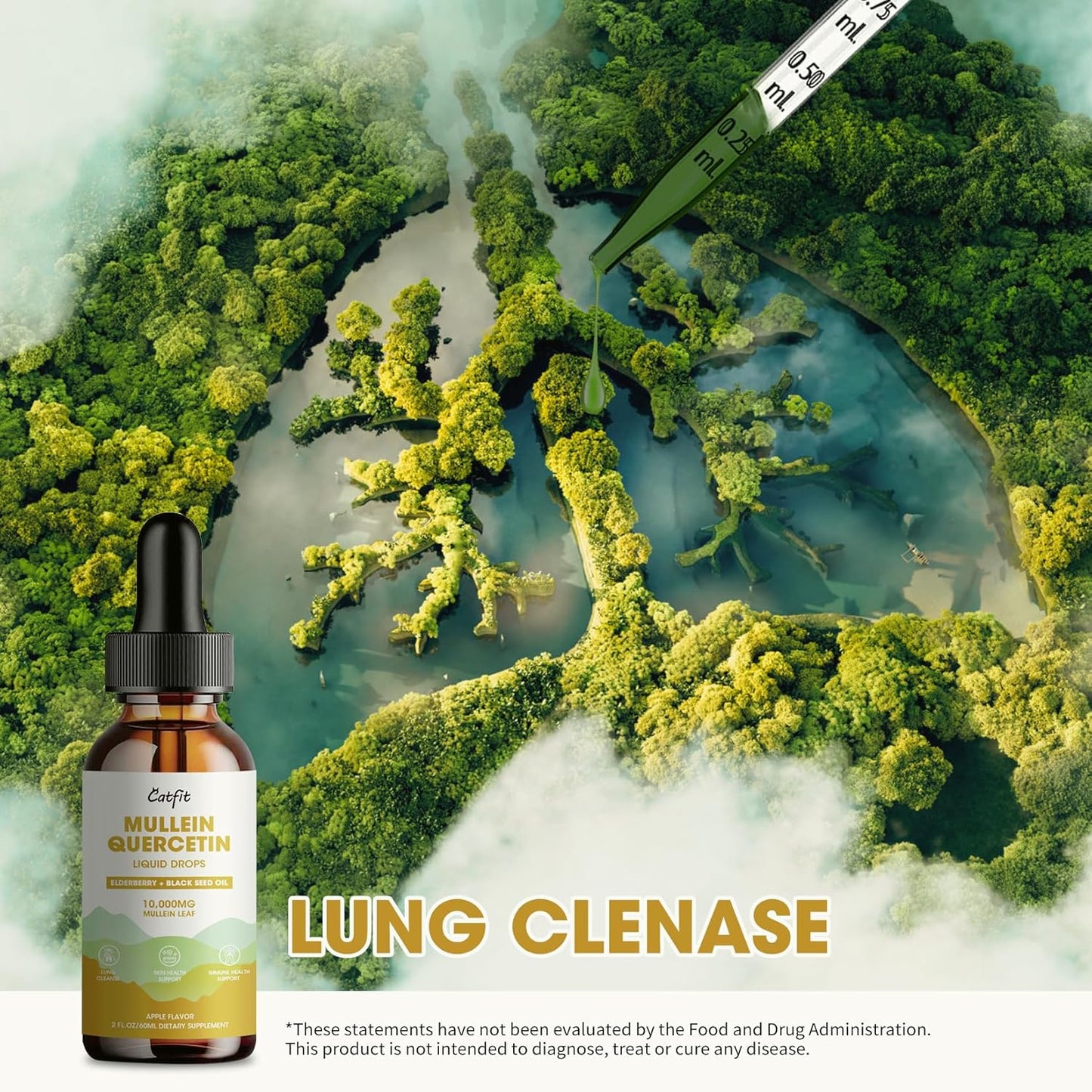 Apple Flavored Mullein Leaf Extract Drops for Lung Health - 2 Fl Oz Liquid Supplement for Smokers - Immune, Skin, Respiratory Support Tincture