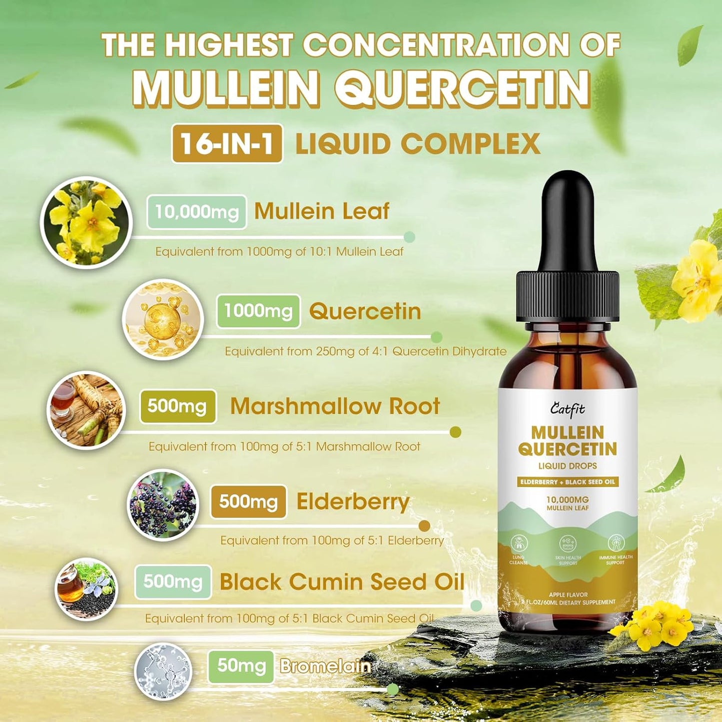 Apple Flavored Mullein Leaf Extract Drops for Lung Health - 2 Fl Oz Liquid Supplement for Smokers - Immune, Skin, Respiratory Support Tincture