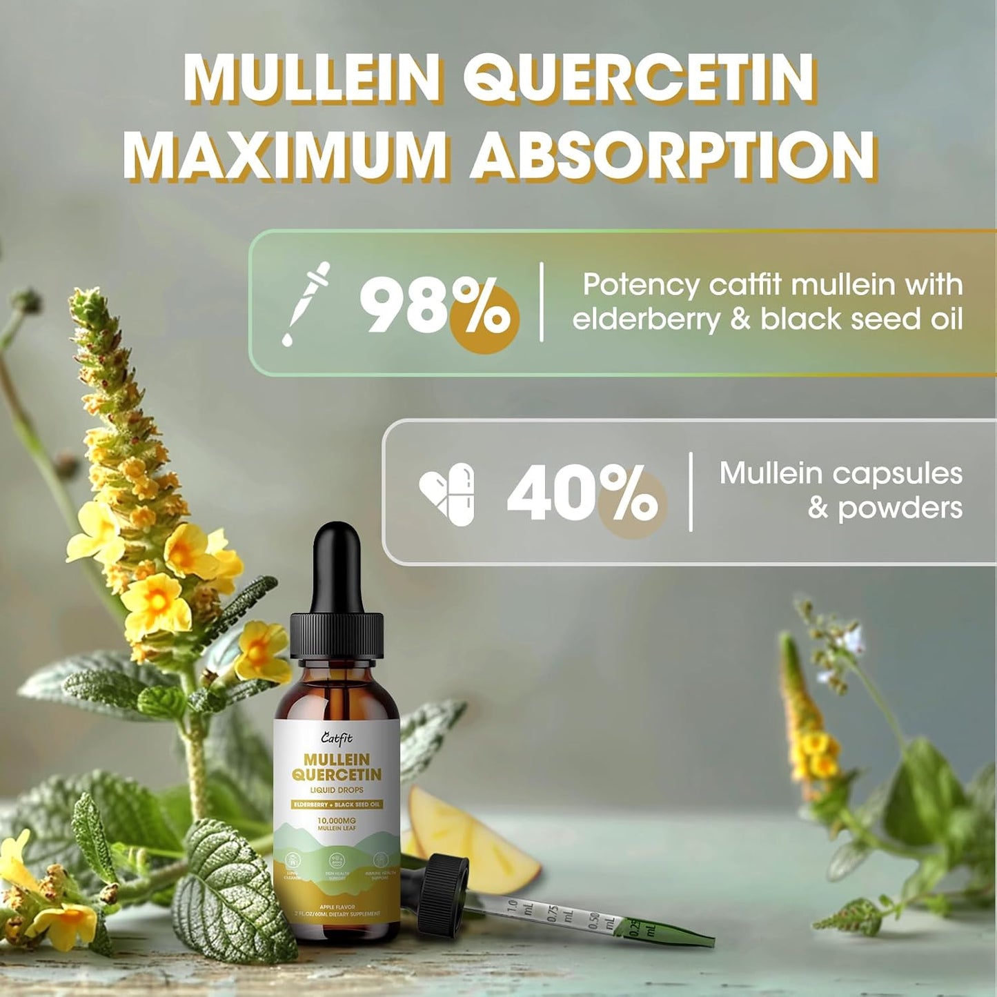 Apple Flavored Mullein Leaf Extract Drops for Lung Health - 2 Fl Oz Liquid Supplement for Smokers - Immune, Skin, Respiratory Support Tincture