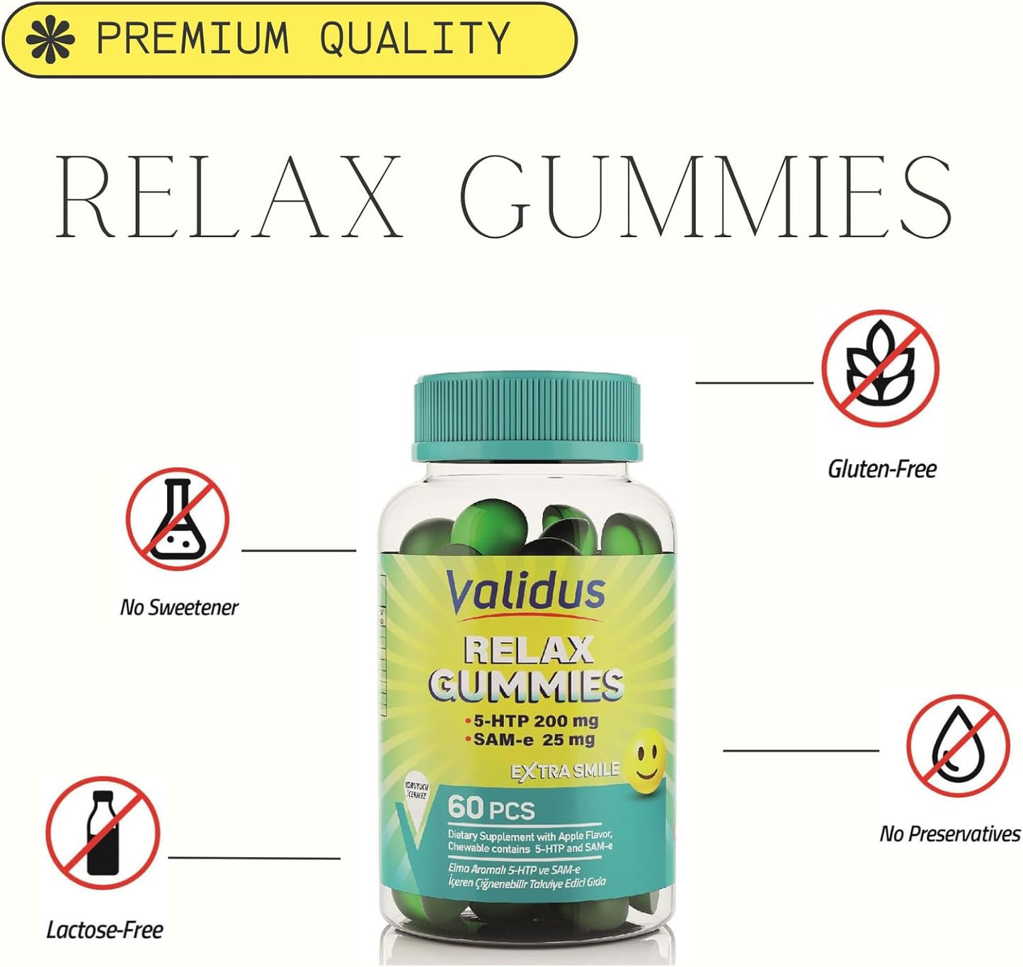 Apple Flavored Stress Relief Gummies with 5-HTP & SAM-e - Mood & Calm Support Supplement for Relaxation - Non-GMO Vegan Gummies, 60 Count