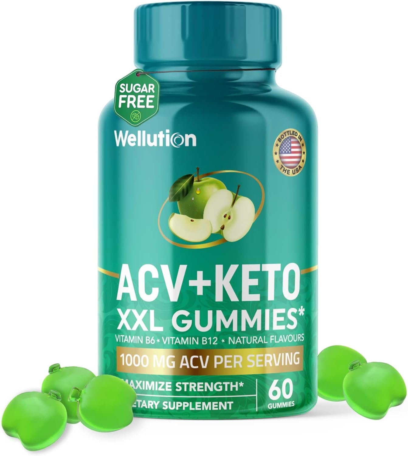 Apple Flavored WELLUTION XXL Keto ACV Gummies - 1,000mg, 60 Count - Sugar-Free Digestion & Detox Support for Men & Women - Metabolism Boost & Weight Loss Aid