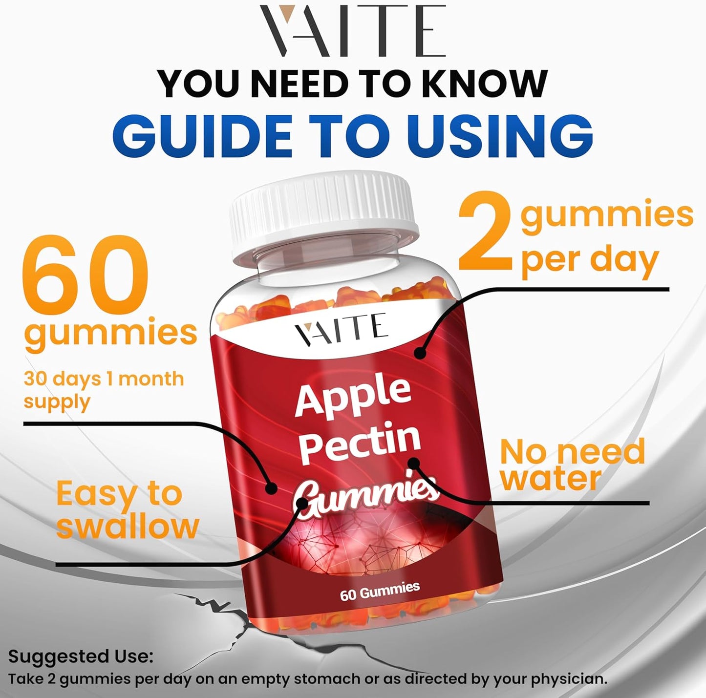 Apple Pectin Gummies - High-Fiber Supplement with 2000mg Cholesterol Lowering Support - 60 Vegan Gummy Bears for Digestive Health & Stomach Comfort