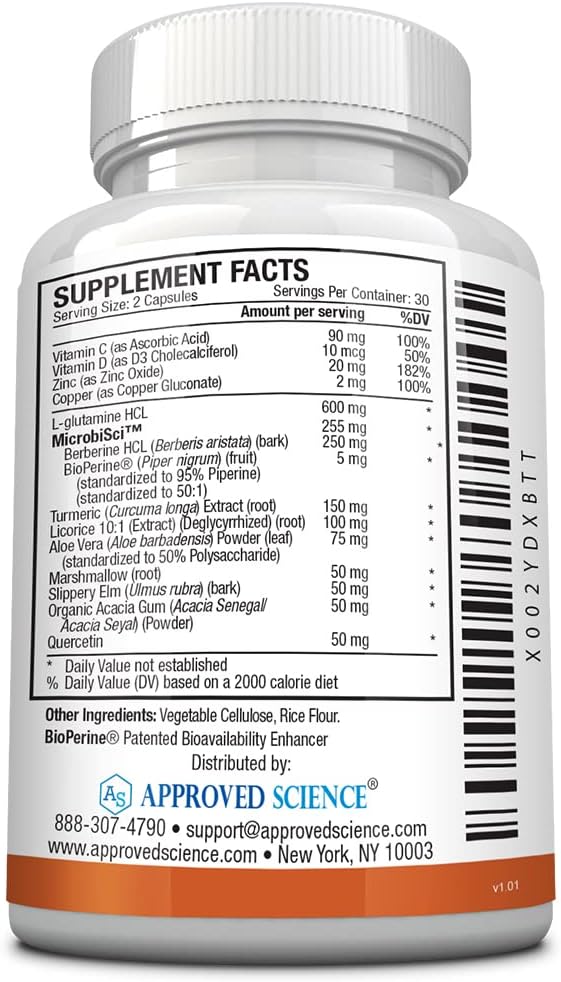 Approved Science® Gutsyl- Leaky Gut Supplement with Aloe Vera, Marshmallow Root, Licorice, Slippery Elm, Prebiotic, BioPerine - 6 Months Supply - Vegan Formula