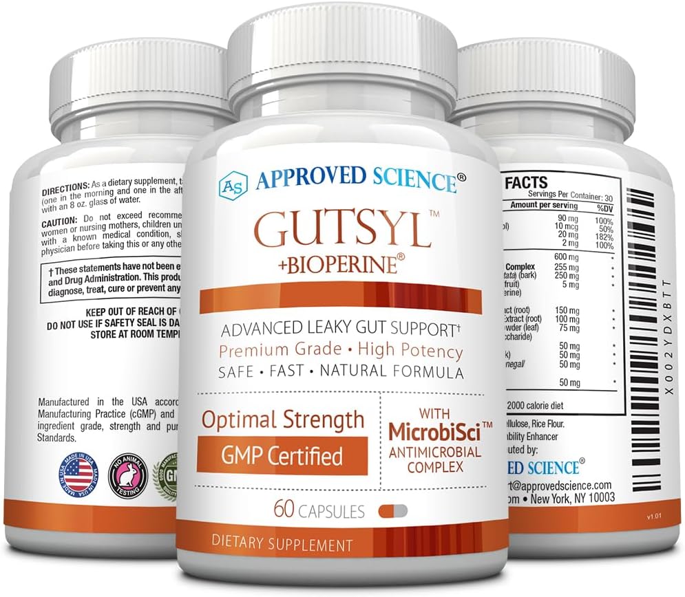 Approved Science® Gutsyl- Leaky Gut Supplement with Aloe Vera, Marshmallow Root, Licorice, Slippery Elm, Prebiotic, BioPerine - 6 Months Supply - Vegan Formula