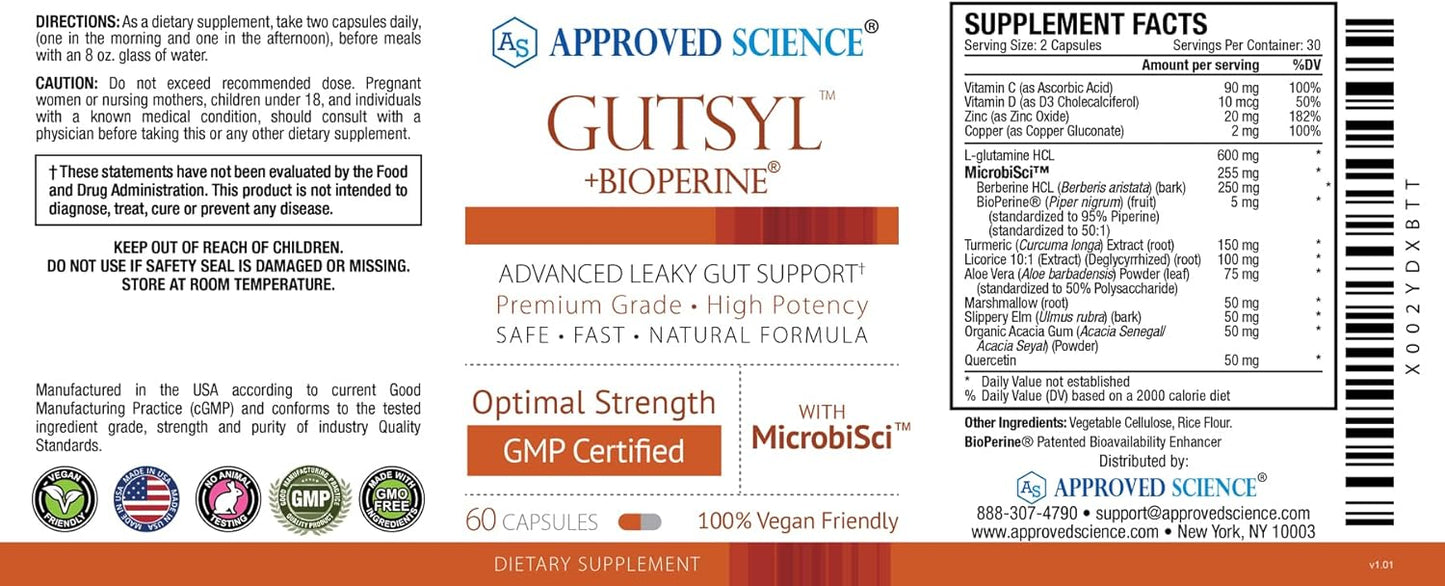 Approved Science® Gutsyl- Leaky Gut Supplement with Aloe Vera, Marshmallow Root, Licorice, Slippery Elm, Prebiotic, BioPerine - 6 Months Supply - Vegan Formula