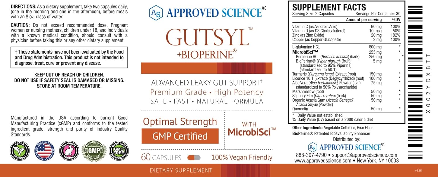 Approved Science® Gutsyl- Leaky Gut Supplement with Aloe Vera, Marshmallow Root, Licorice, Slippery Elm, Prebiotic, BioPerine - 6 Months Supply - Vegan Formula