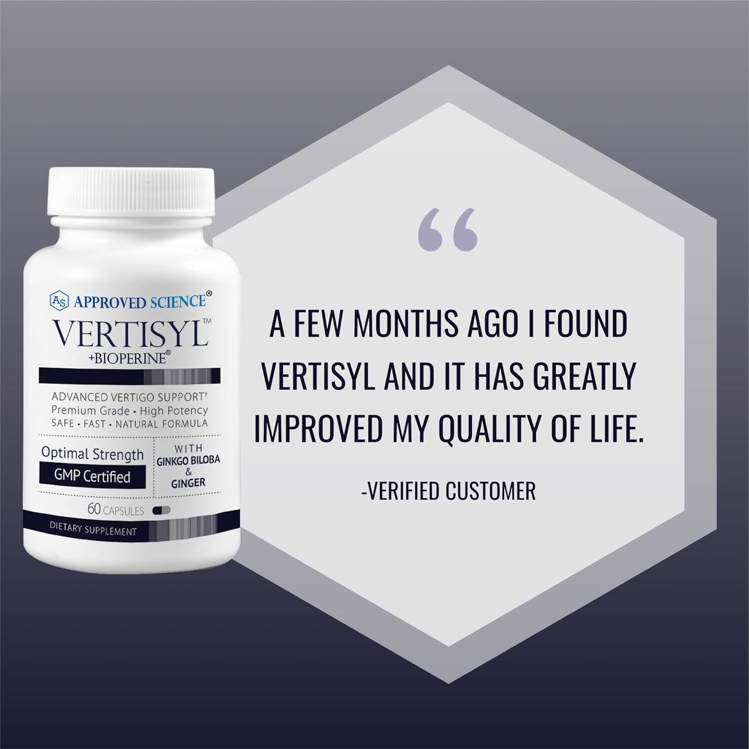 Approved Science VertiSyl Supplement - Ginkgo Biloba, Ginger, Vitamin D3, BioPerine - 180 Capsules Total