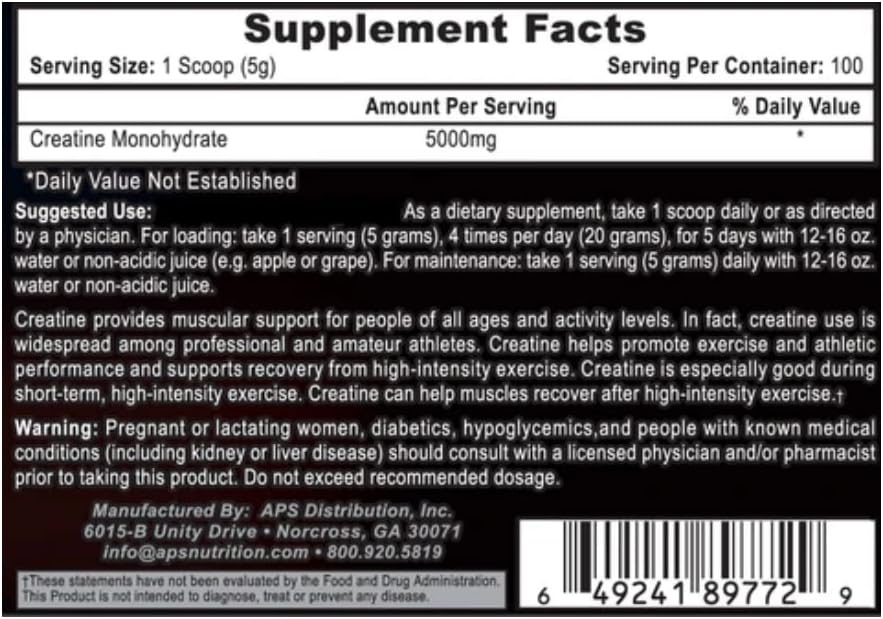 APS Nutrition Pure Creatine Monohydrate 500g - Unflavored - Boost Athletic Performance & Strength - Increase Muscle Volume & ATP - 100 Servings