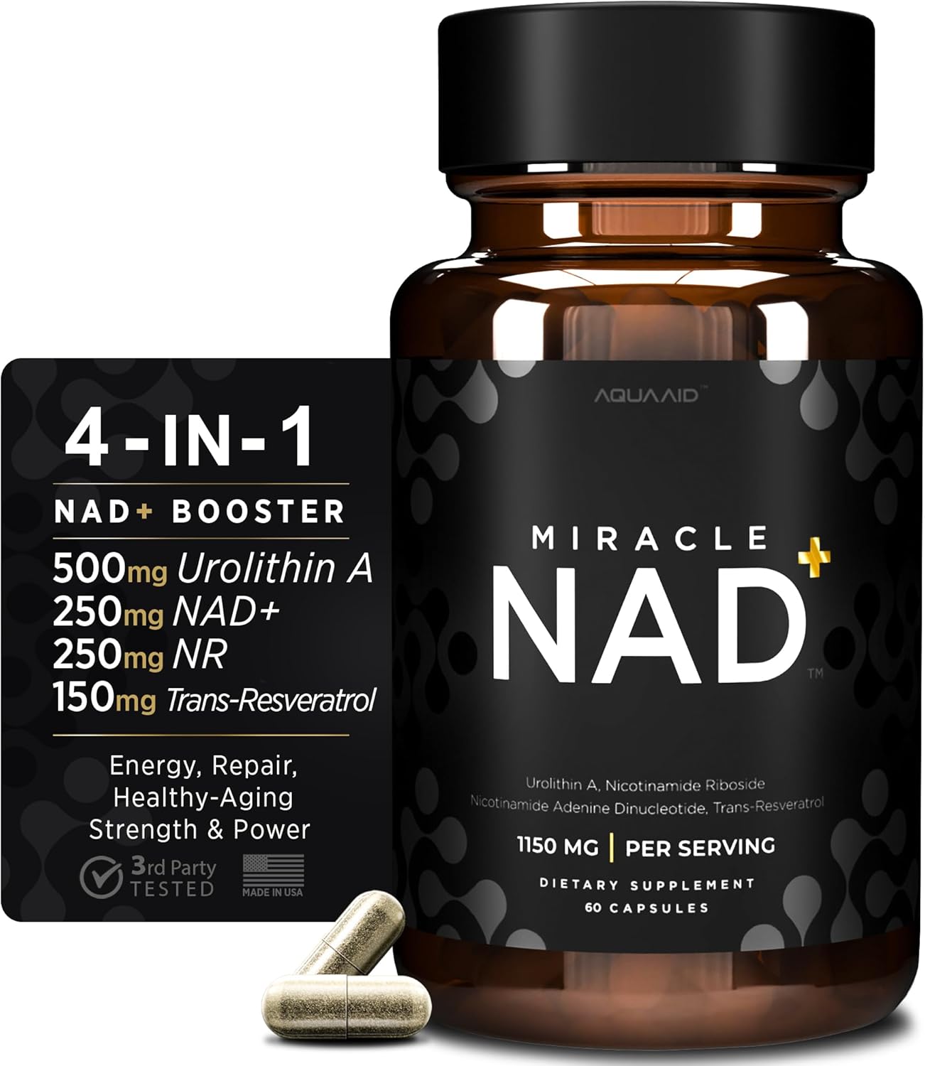 AQUAAID Miracle NAD Supplement with Urolithin A, NR, NAD+, Resveratrol - Healthy Aging & Cellular Energy - 60 Capsules