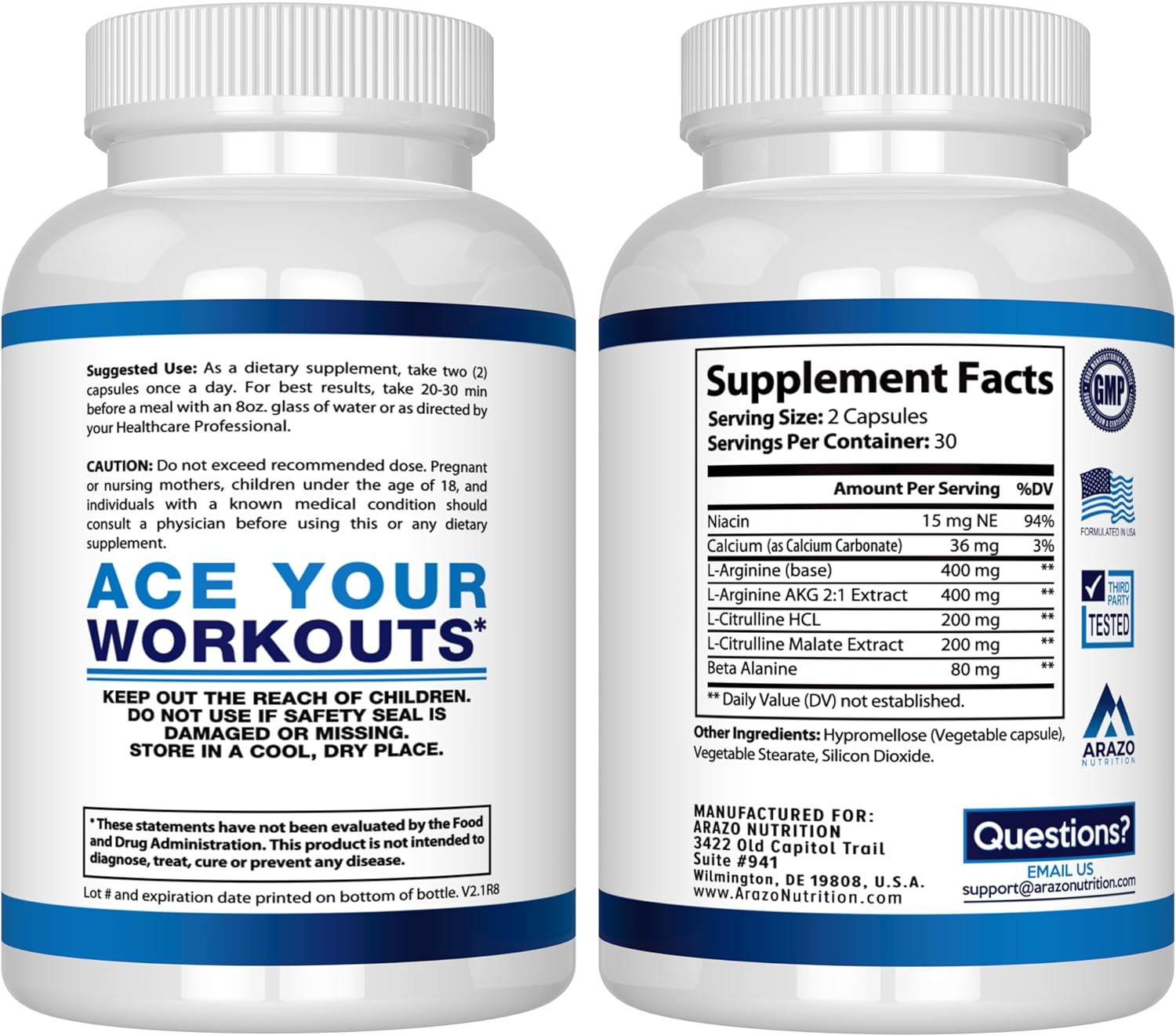 Arazo Nutrition L Arginine Nitric Oxide Booster with L-Citrulline for Muscle Gain - 60 Capsules