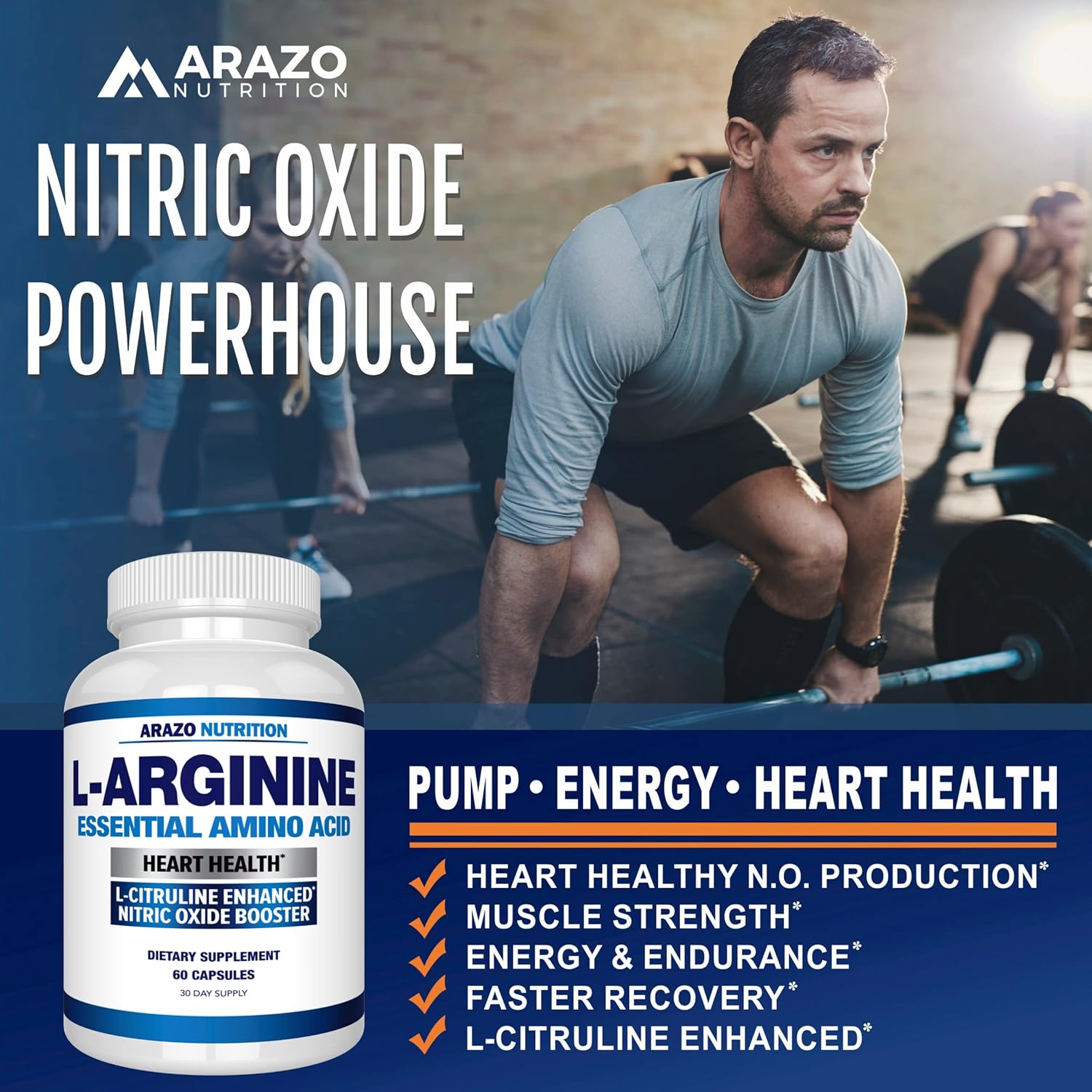 Arazo Nutrition L Arginine Nitric Oxide Booster with L-Citrulline for Muscle Gain - 60 Capsules