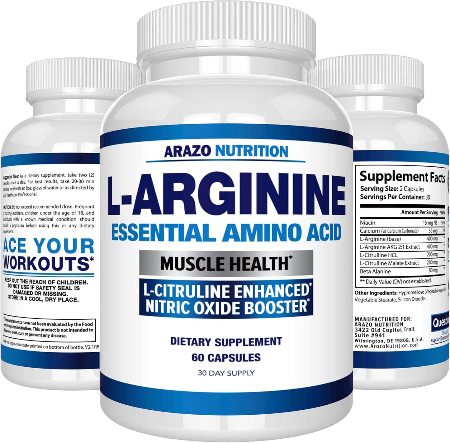 Arazo Nutrition L Arginine Nitric Oxide Booster with L-Citrulline for Muscle Gain - 60 Capsules
