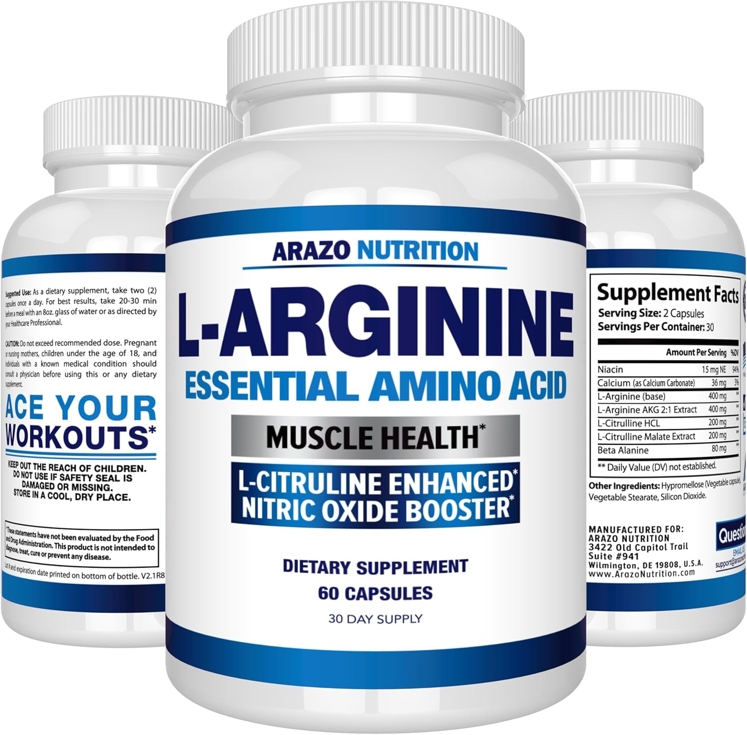 Arazo Nutrition L Arginine Nitric Oxide Booster with L-Citrulline for Muscle Gain - 60 Capsules