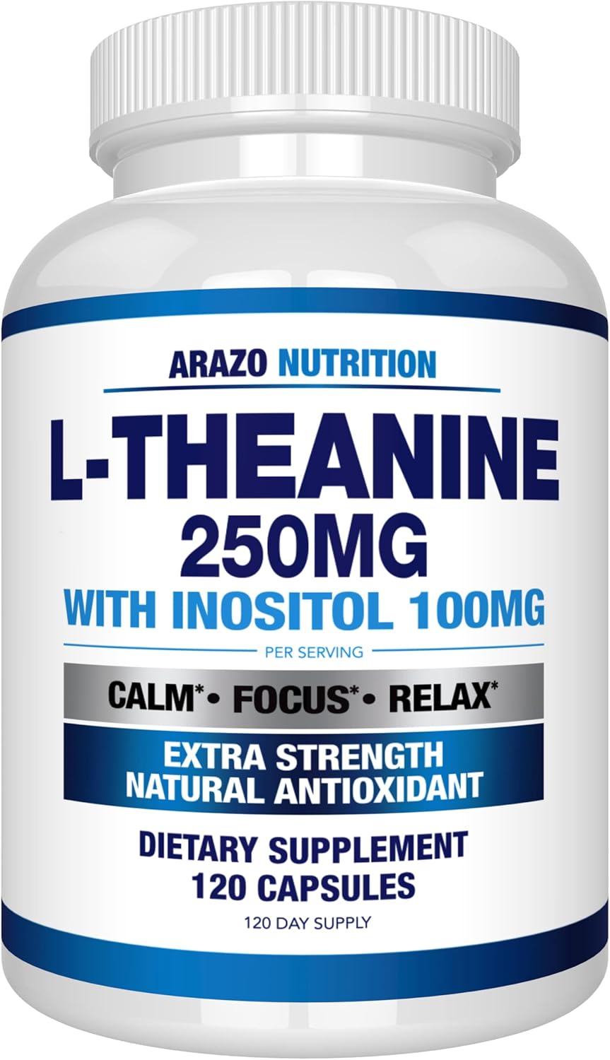 Arazo Nutrition L-Theanine 250mg with Inositol 100mg - Extra Strength, 120 Capsules - Vegetarian Formula