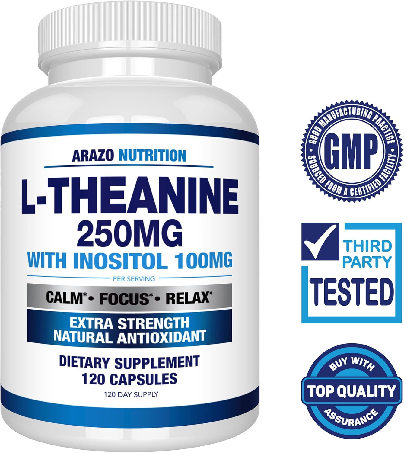 Arazo Nutrition L-Theanine 250mg with Inositol 100mg - Extra Strength, 120 Capsules - Vegetarian Formula
