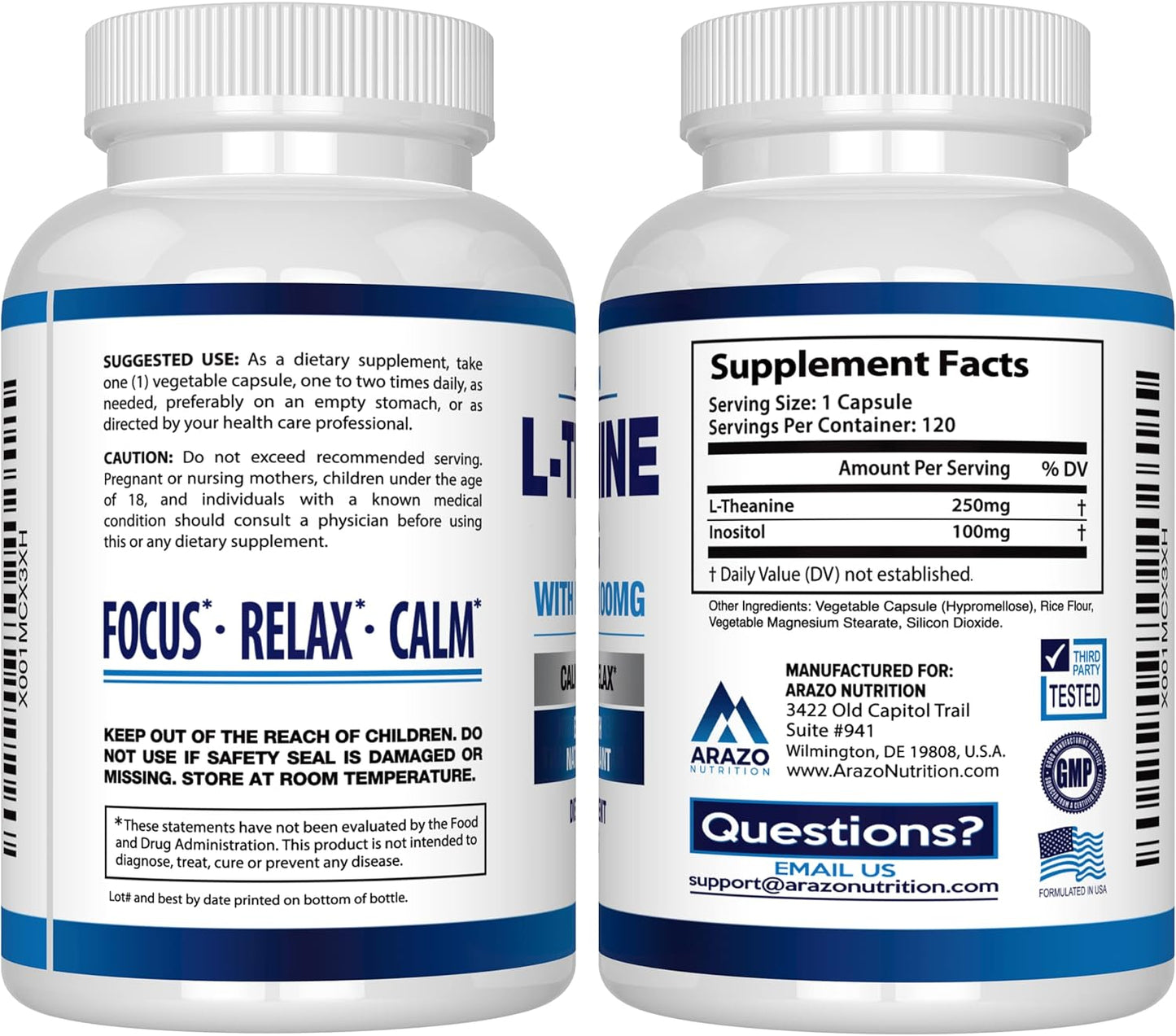 Arazo Nutrition L-Theanine 250mg with Inositol 100mg - Extra Strength, 120 Capsules - Vegetarian Formula
