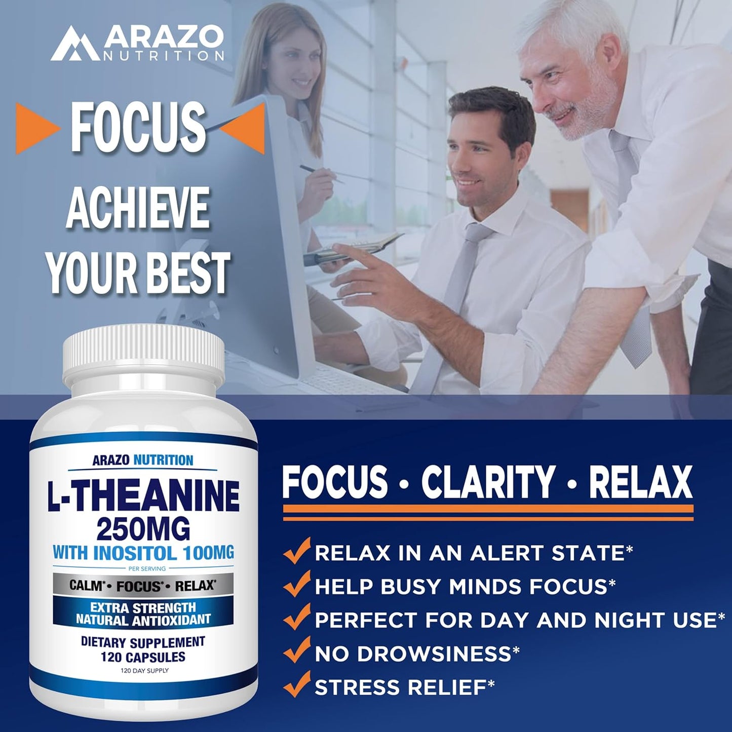 Arazo Nutrition L-Theanine 250mg with Inositol 100mg - Extra Strength, 120 Capsules - Vegetarian Formula