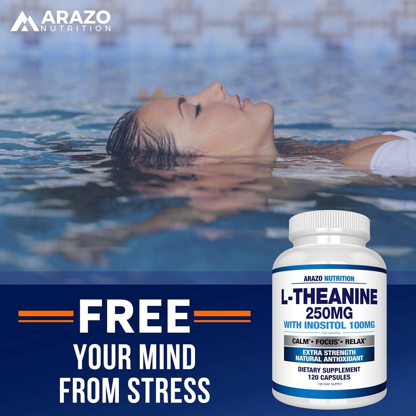 Arazo Nutrition L-Theanine 250mg with Inositol 100mg - Extra Strength, 120 Capsules - Vegetarian Formula
