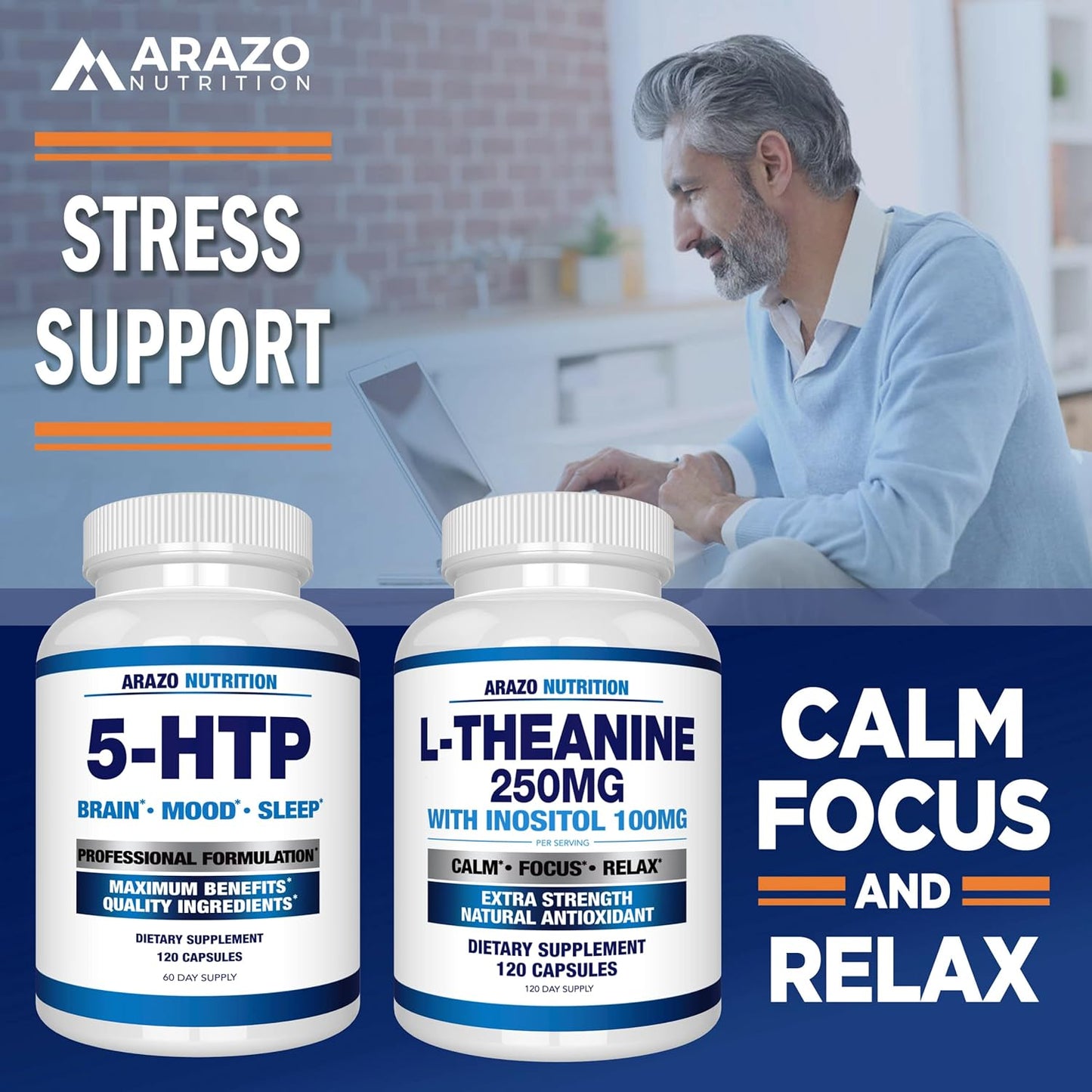 Arazo Nutrition L-Theanine 250mg with Inositol 100mg - Extra Strength, 120 Capsules - Vegetarian Formula