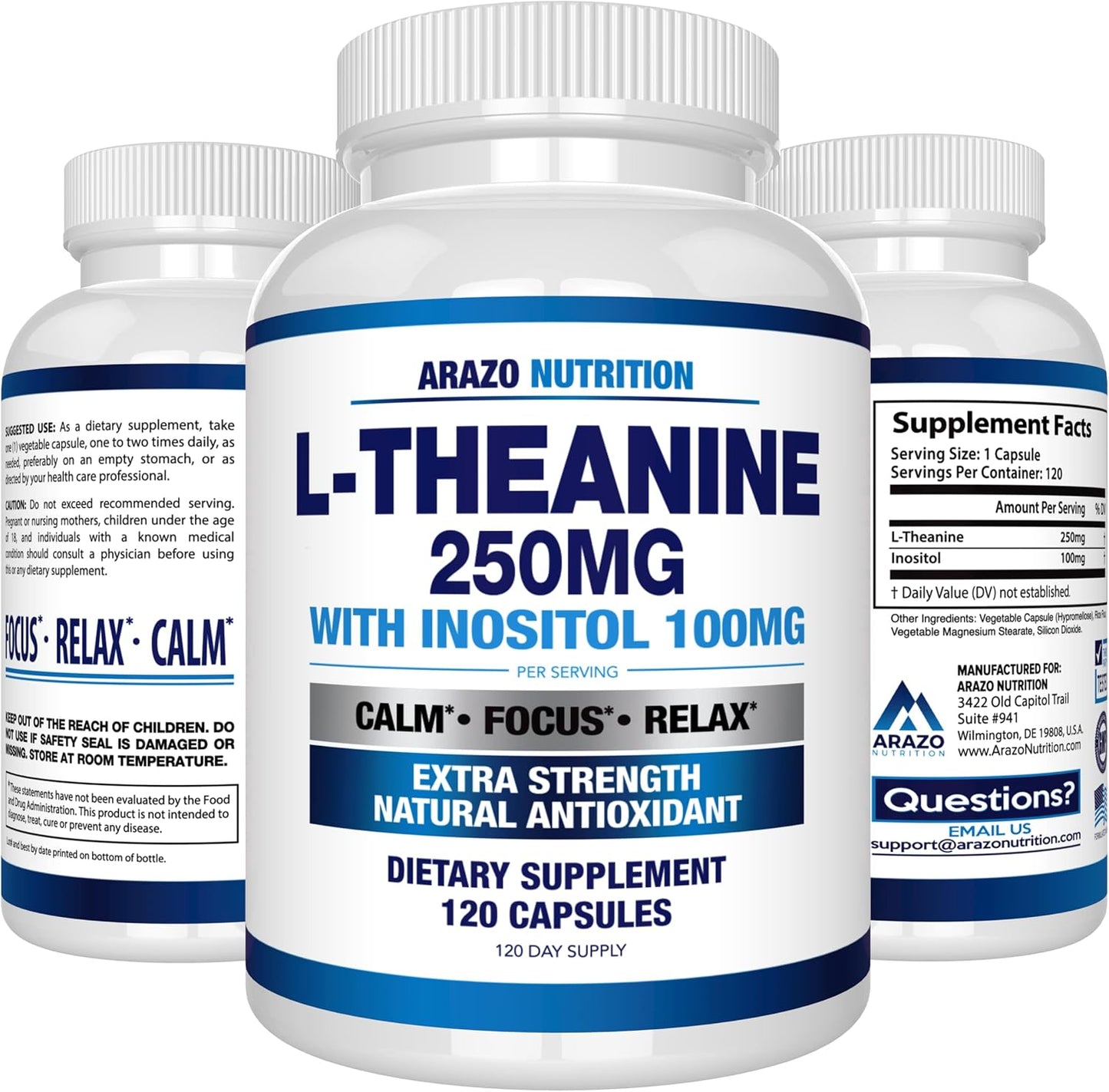 Arazo Nutrition L-Theanine 250mg with Inositol 100mg - Extra Strength, 120 Capsules - Vegetarian Formula