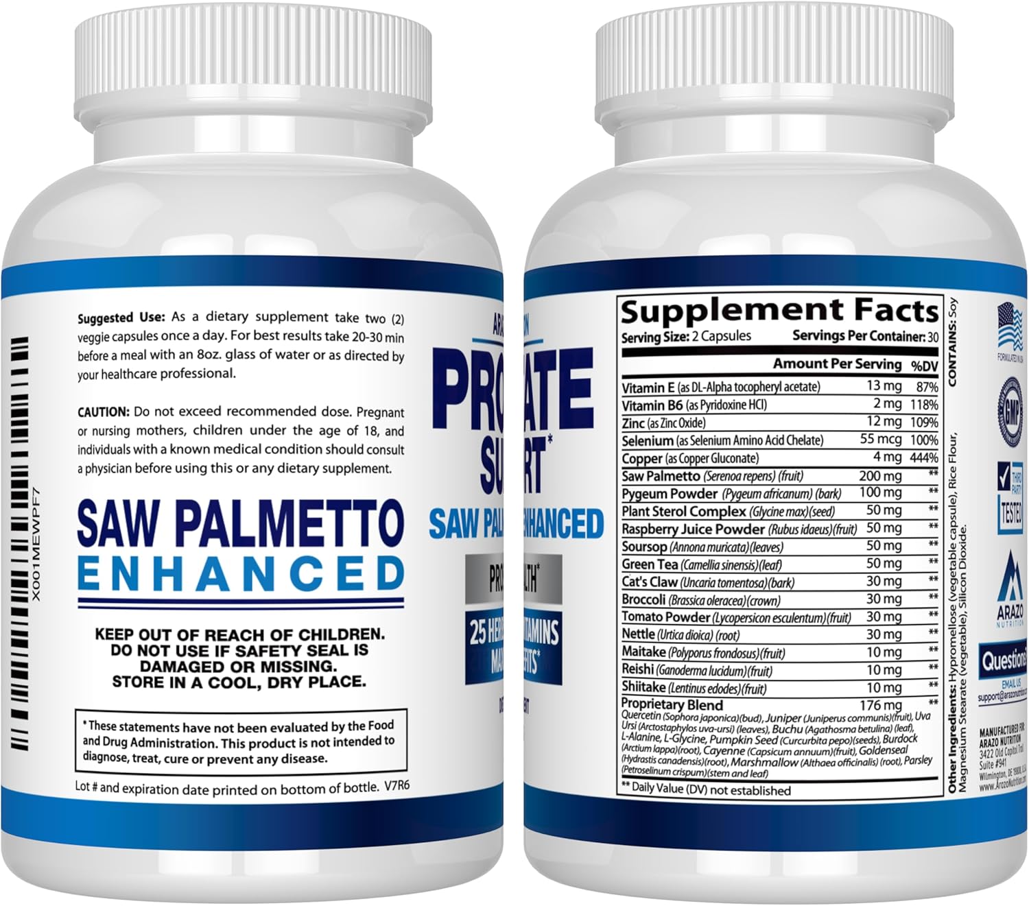 Arazo Nutrition Saw Palmetto Prostate Supplement with 25 Herbs - Reduce Urination, Hair Loss, Boost Stamina - Herbal Capsules/Pills