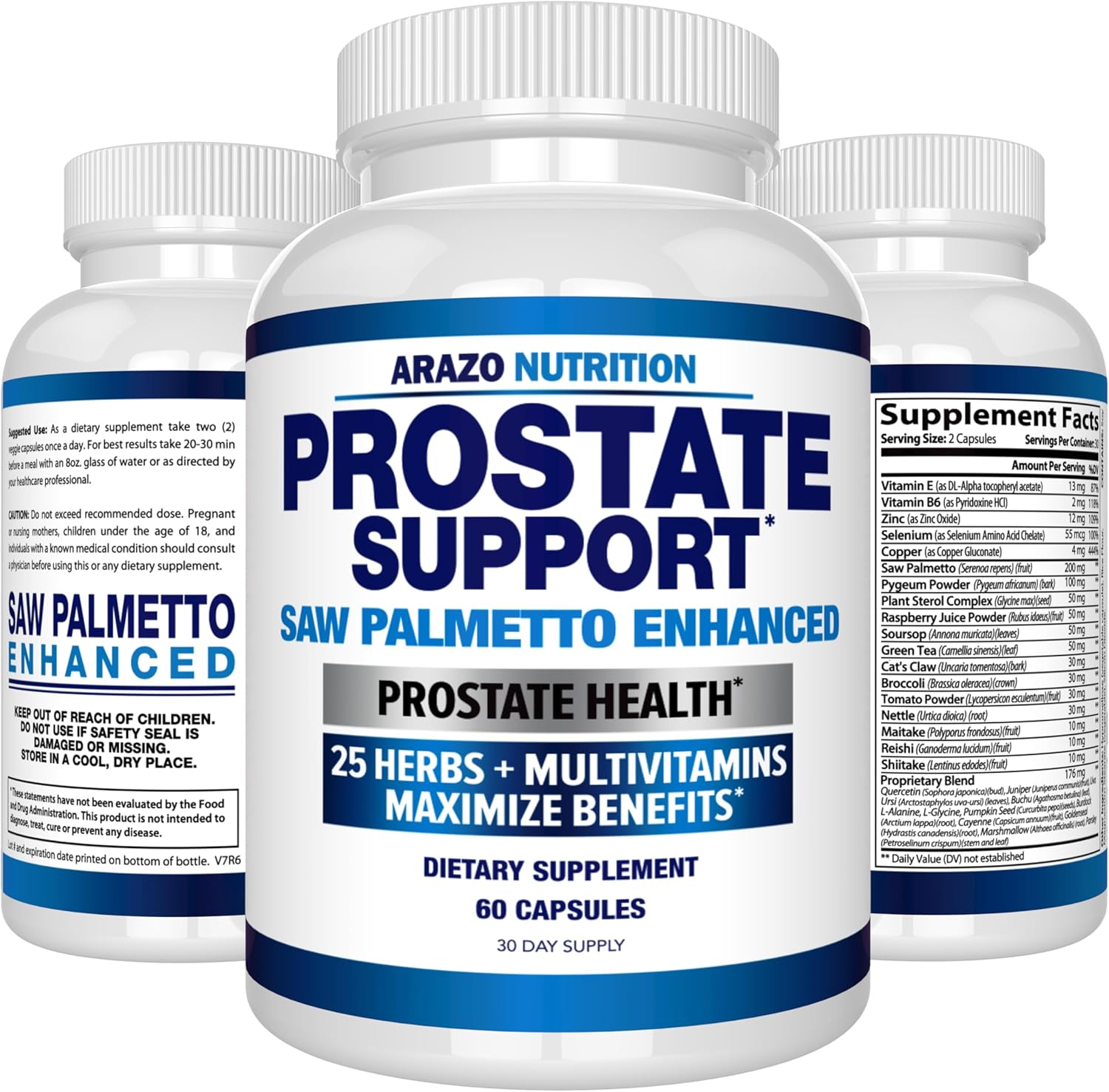 Arazo Nutrition Saw Palmetto Prostate Supplement with 25 Herbs - Reduce Urination, Hair Loss, Boost Stamina - Herbal Capsules/Pills