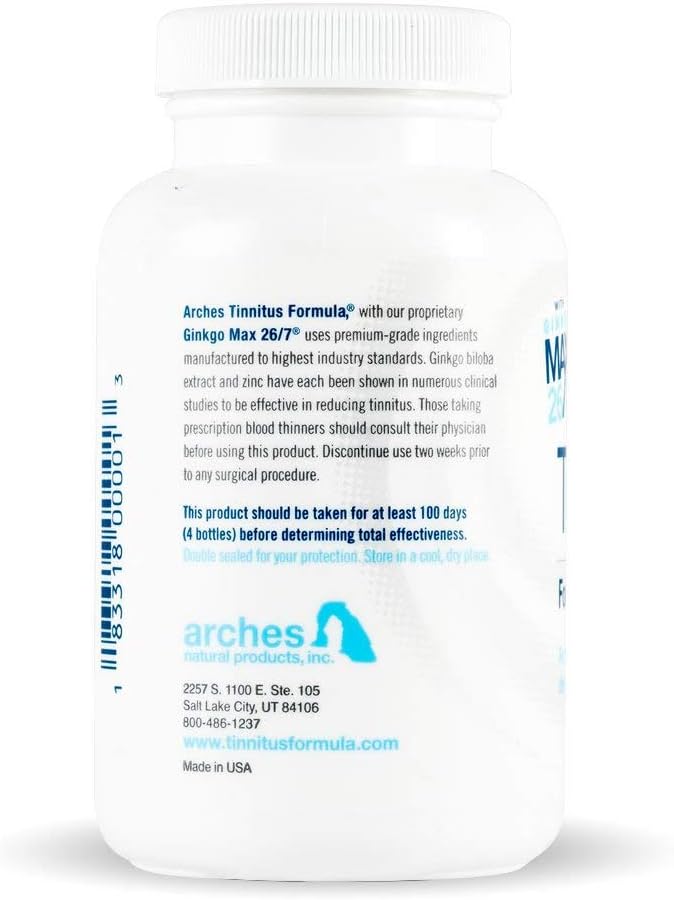 Arches Tinnitus Formula with Ginkgo Max 26/7 - Natural Treatment for Ringing Ears - 100 Count Bottle
