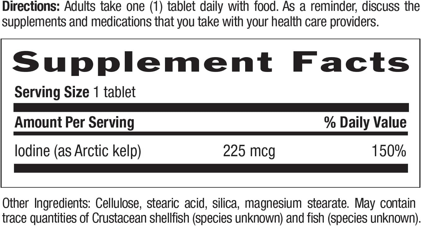 Arctic-Kelp Iodine Supplement for Thyroid & Immune Support - Vegan & Gluten-Free, 225 mcg, 300 Tablets - Ideal for Thyroid Health & Adrenal Support
