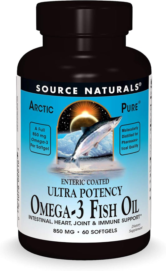 ArcticPure Omega-3 Fish Oil 850mg Ultra Potency Softgels - Heart, Joint, Brain & Immune Support - Enteric Coated - 60ct