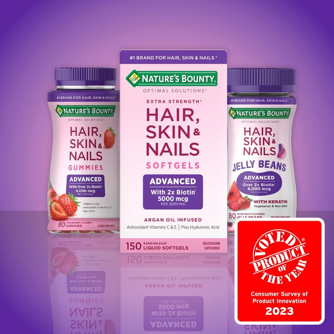 Argan-Infused Hair, Skin, and Nails Supplement with Biotin and Hyaluronic Acid - 300 Softgels (2 Pack) by Nature's Bounty