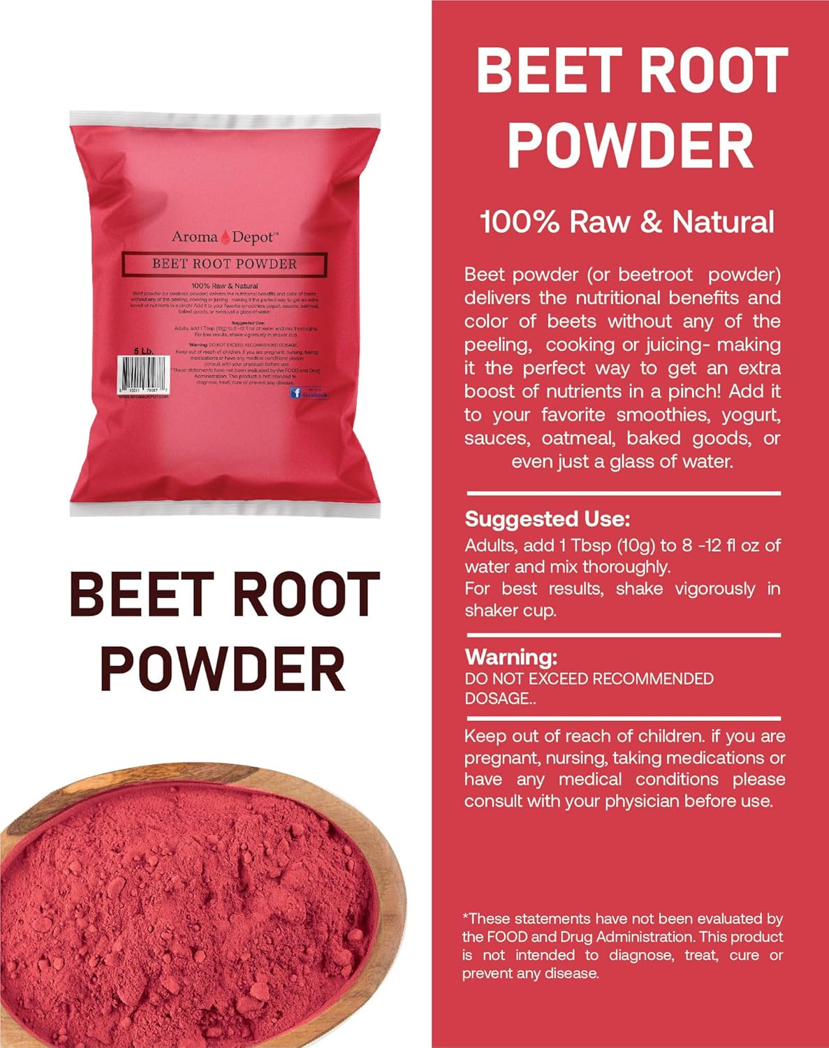 Aroma Depot 5 lb. Beet Root Powder | Raw, Non-GMO, Vegan, Gluten-Free | Boosts Nitric Oxide, Stamina, Energy | Immune System Support | 100% Natural