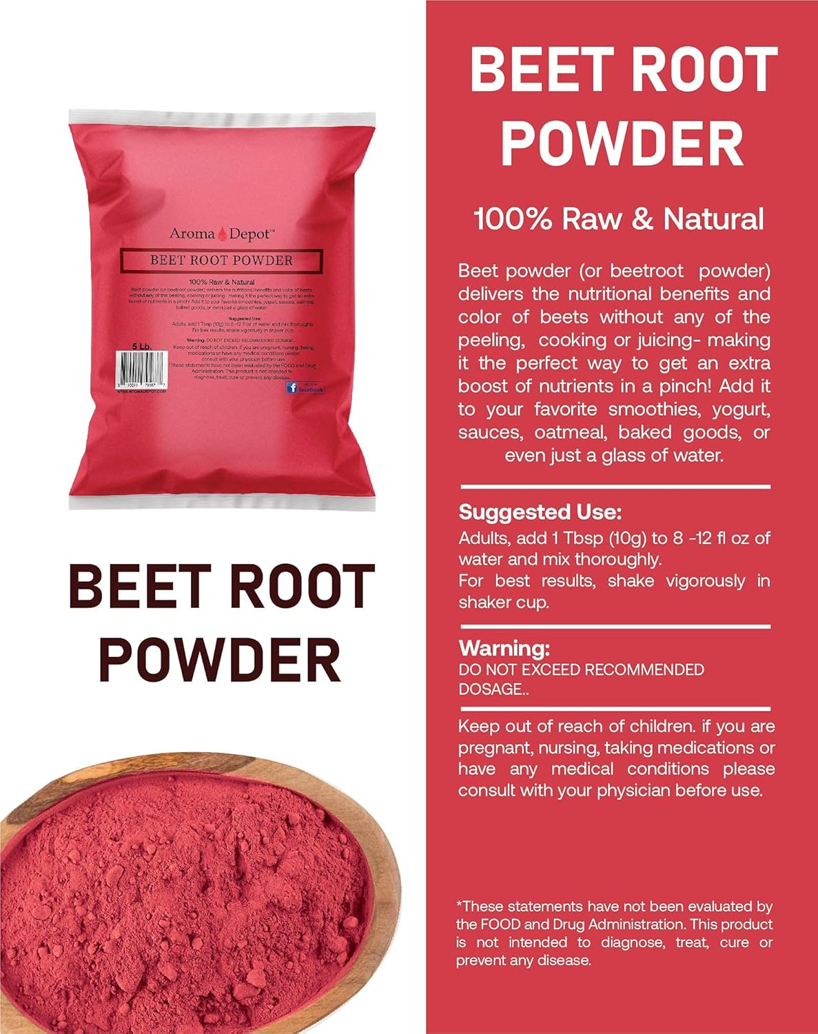 Aroma Depot Beet Root Powder - 2 lb. Raw Non-GMO Nitric Oxide Booster for Energy and Immune Support