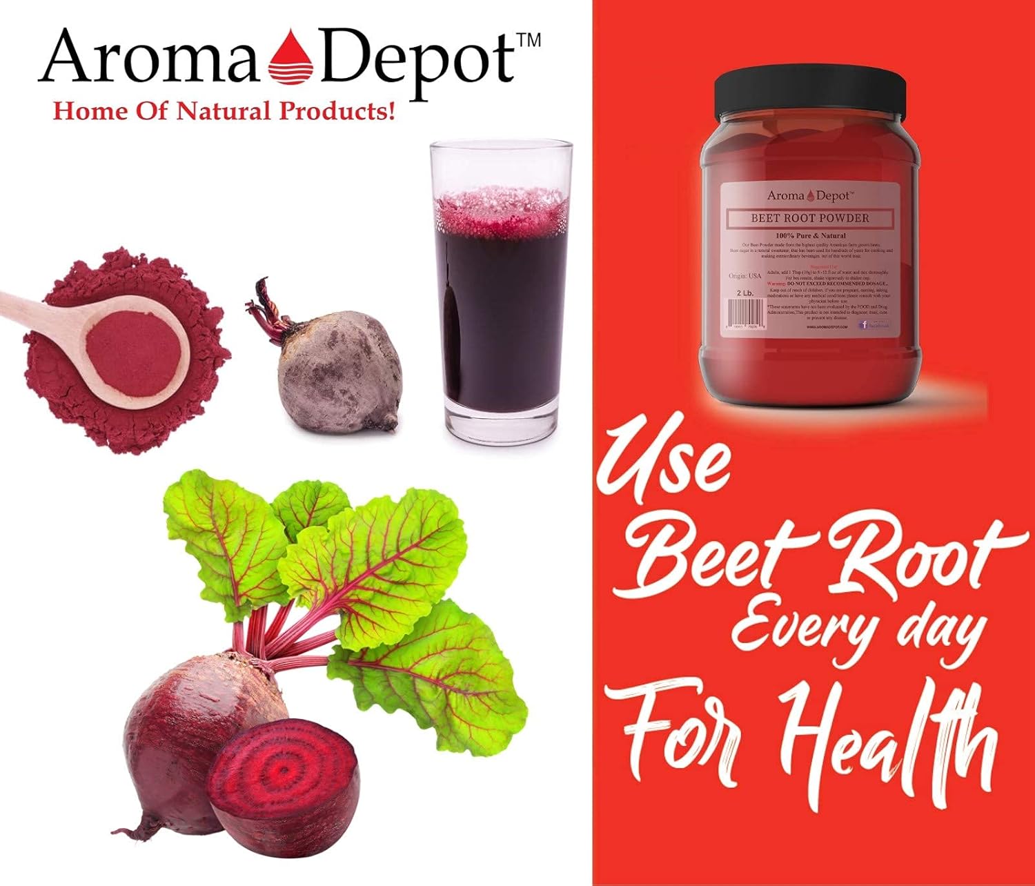 Aroma Depot Beet Root Powder - 2 lb. Raw Non-GMO Nitric Oxide Booster for Energy and Immune Support
