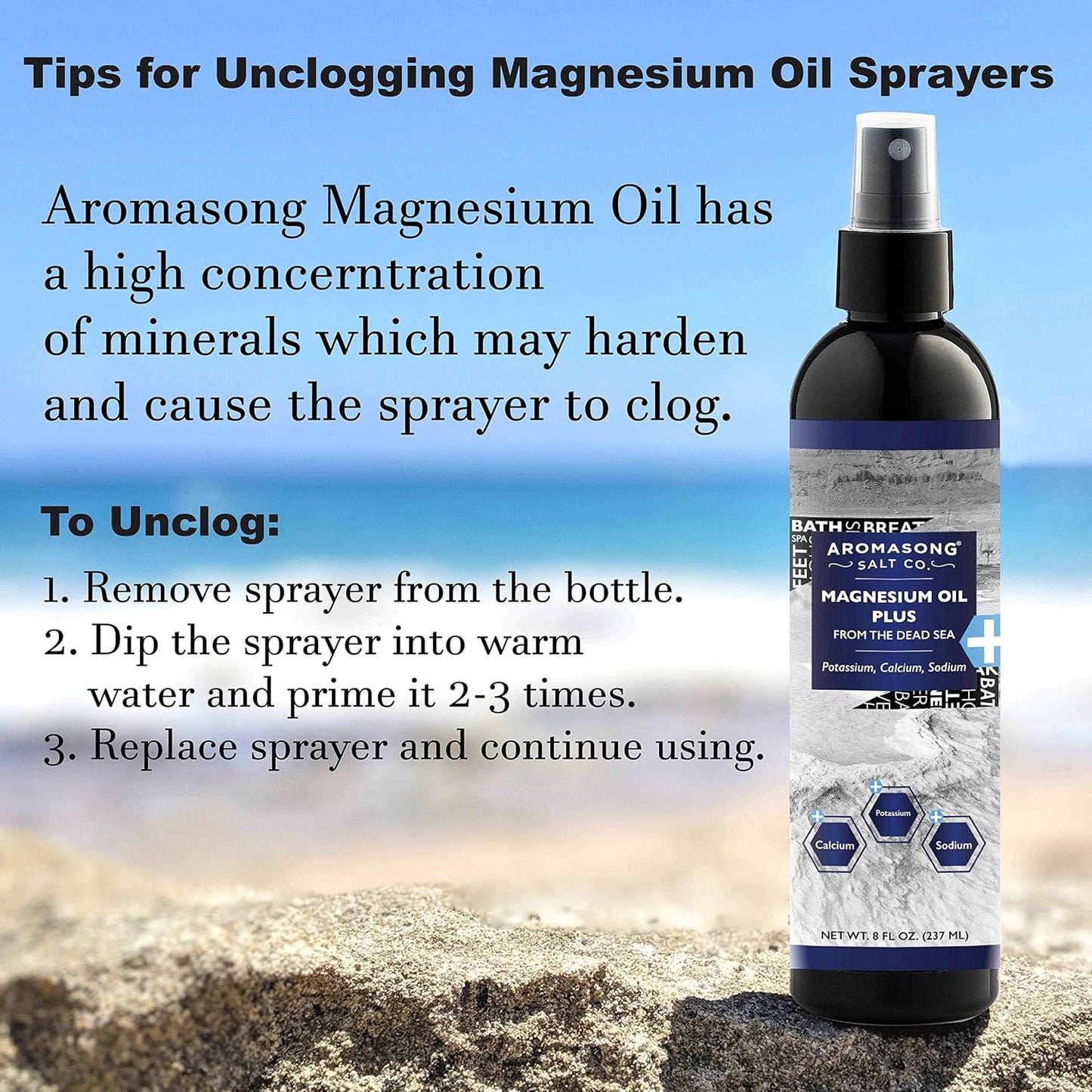 Aromasong Ultra-Pure Magnesium Spray - Extra Strength Formula for Headaches and Leg Discomfort - 8 Oz Bottle with 23mg Magnesium per Spray