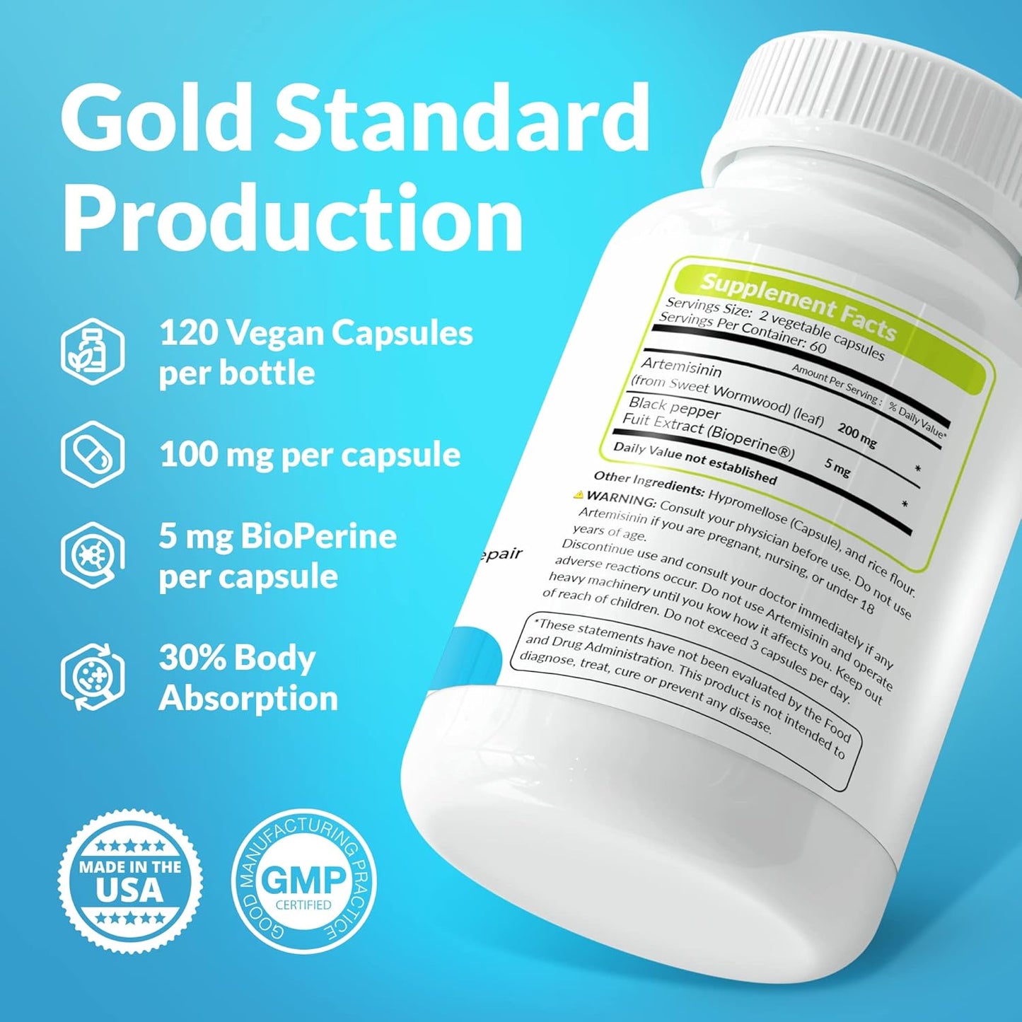 Artemisinin with BioPerine Capsules - 120 Vegan Capsules, 200 mg per Serving - Sweet Wormwood Extract - Enhanced Absorption & Non-GMO