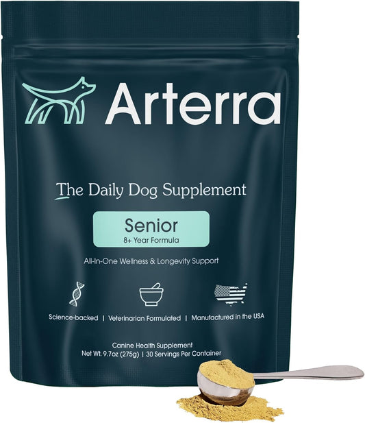 Arterra Pet Science Senior Dog Supplement with 63 Premium Ingredients for Aging Support, Hip & Joint, Cognition & Mood, Gut & Organs - Vet-Formulated All-in-One Senior Formula (8+ Years), 9.7 oz